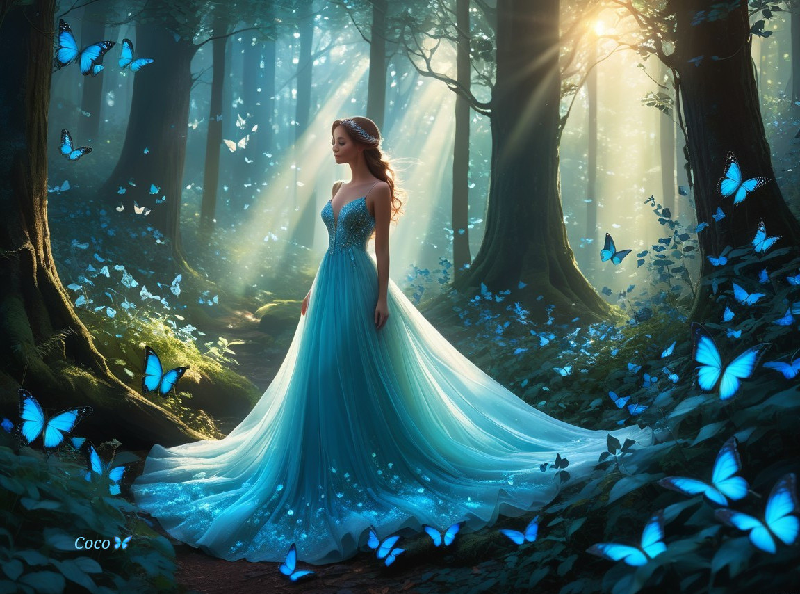 Serene Forest Glade with Young Woman and Butterflies