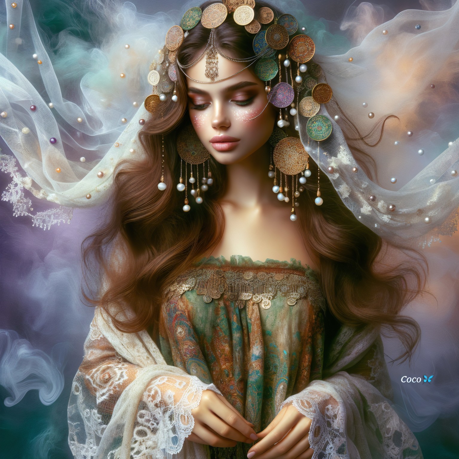 Woman in ornate garment with flowing hair and veil