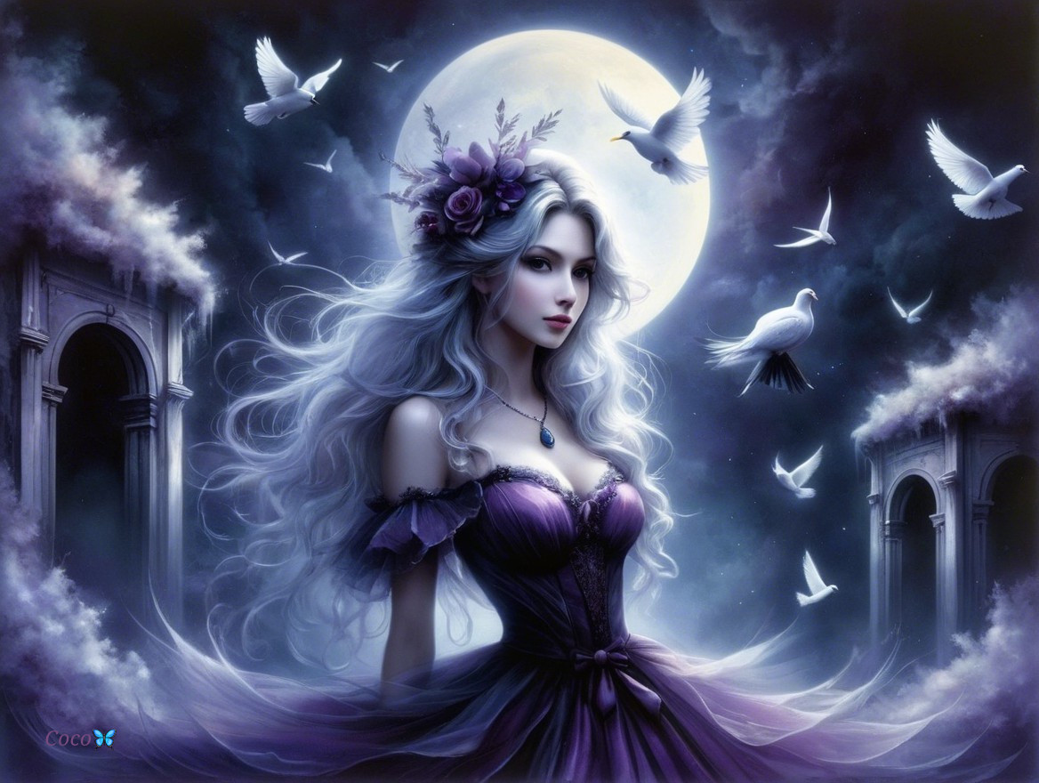 Ethereal Woman in Twilight with Moon and Doves