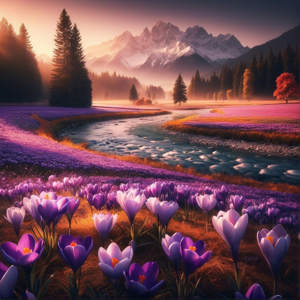 Vibrant Crocuses and Snow-Capped Mountains Landscape