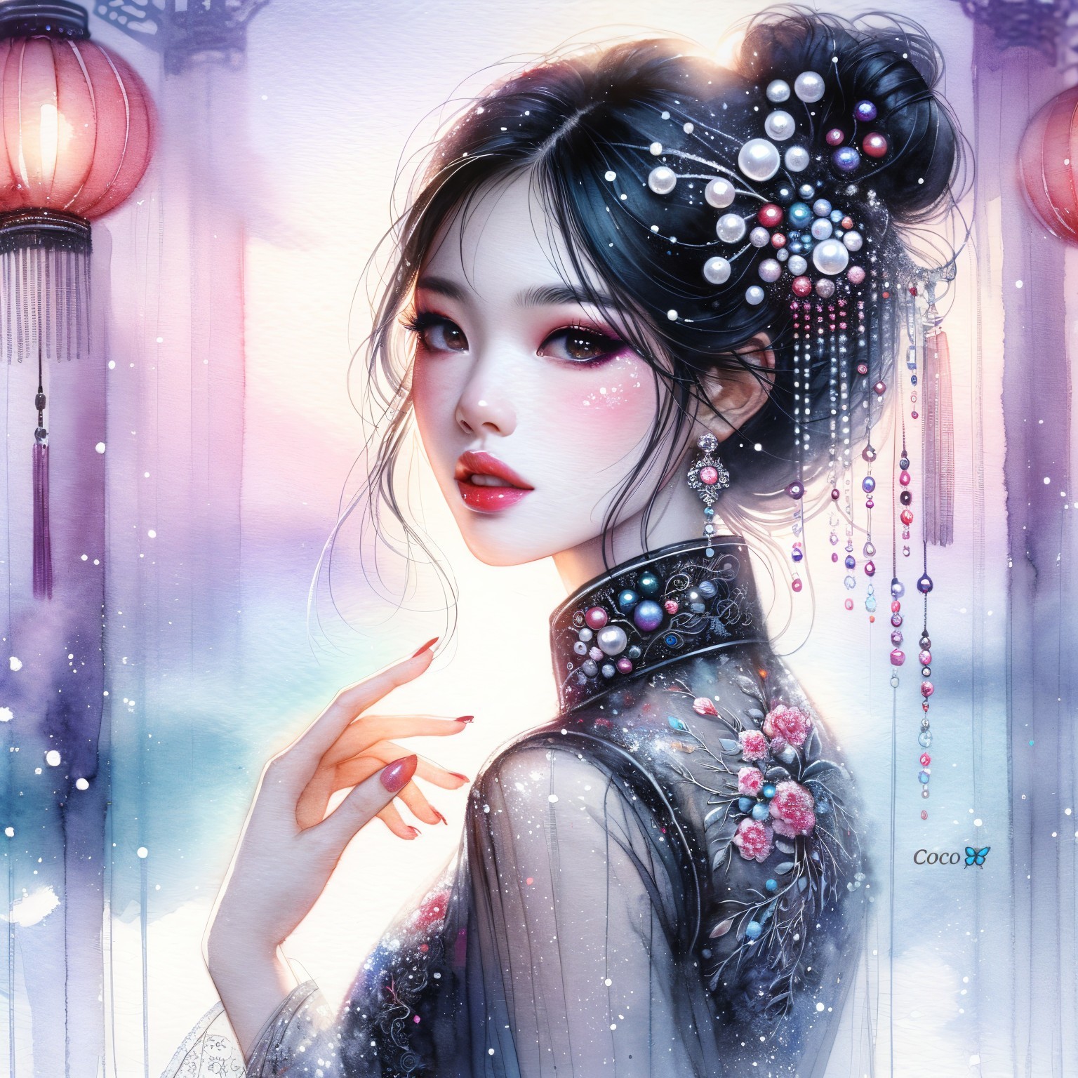Young Woman in Traditional Attire with Floral Designs