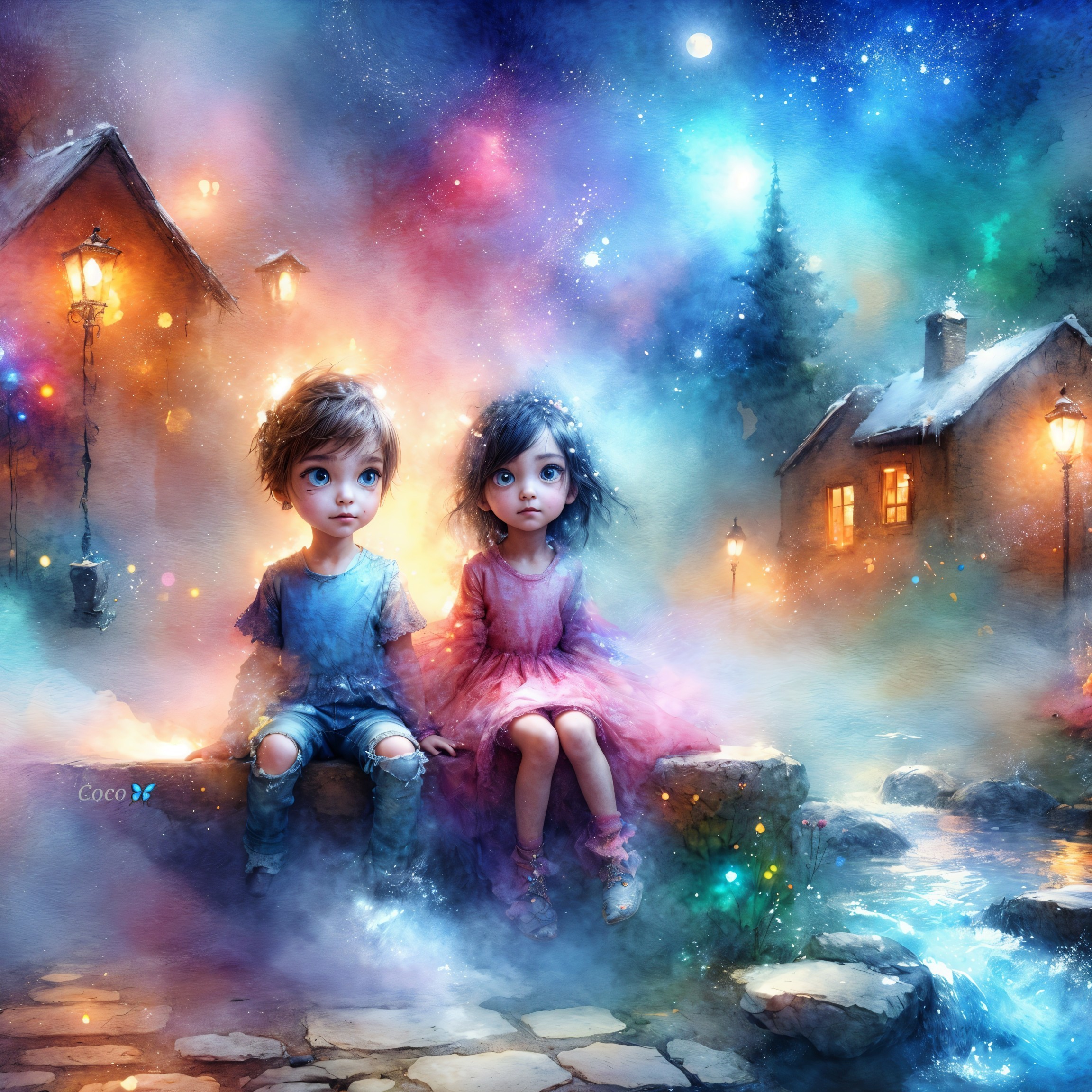 Enchanted Children on a Stone Bridge in Dreamlike Setting