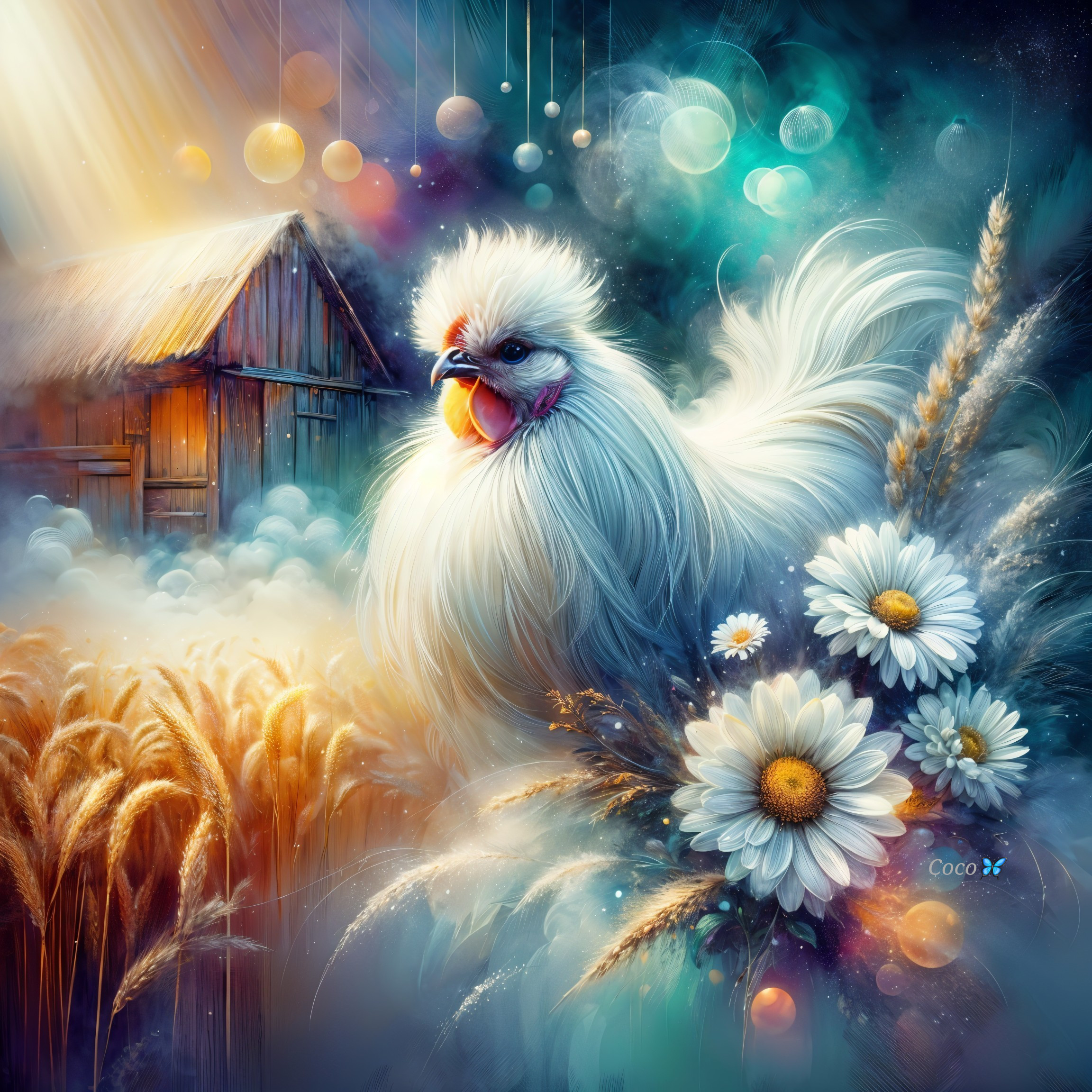 Fluffy White Rooster in Dreamlike Landscape Setting
