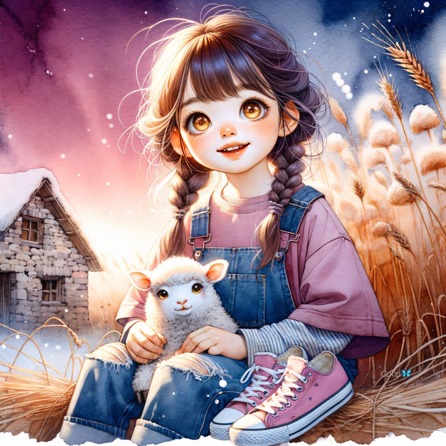 Young girl with lamb by rustic cottage at sunset