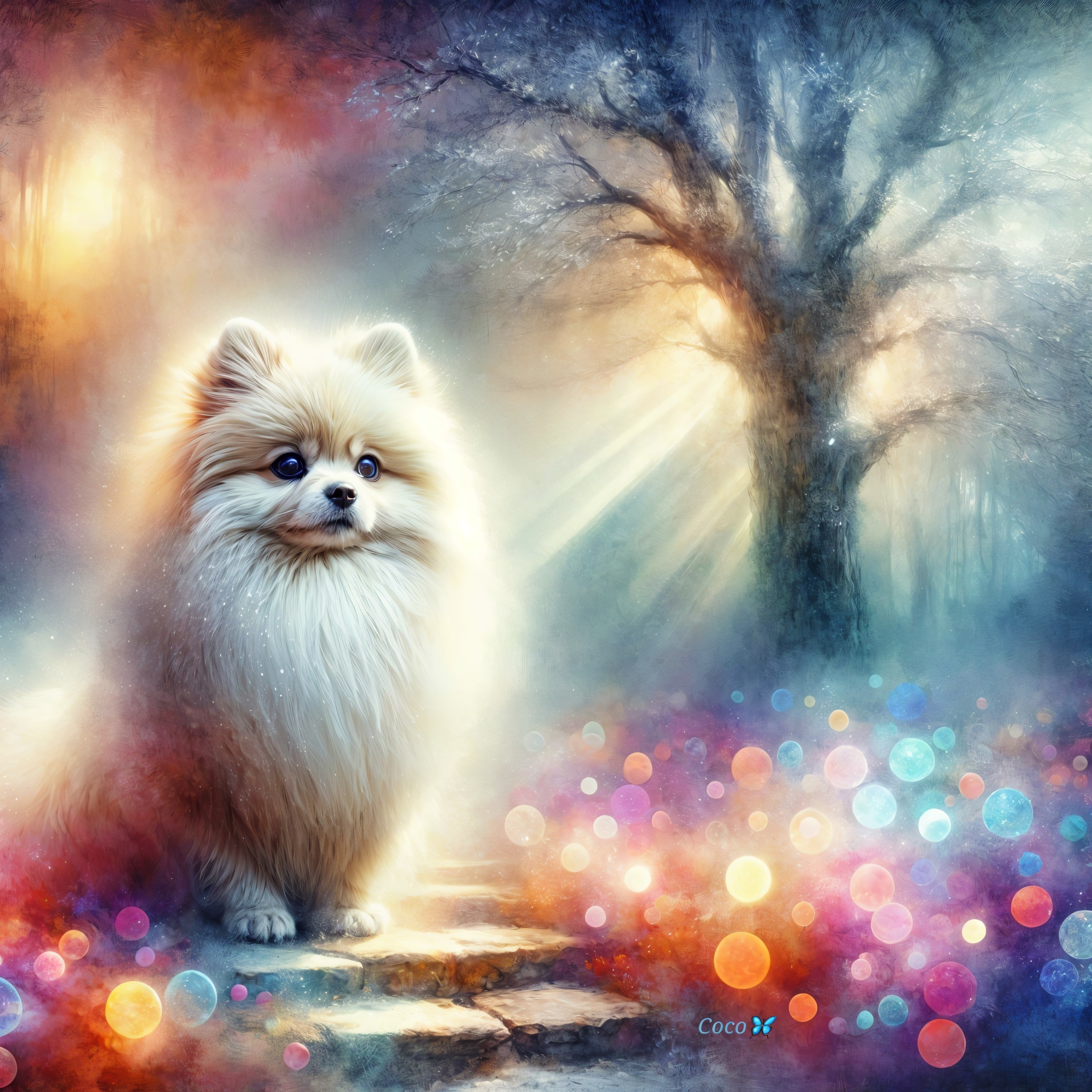 Fluffy Pomeranian on a Stone Path in Mystical Forest