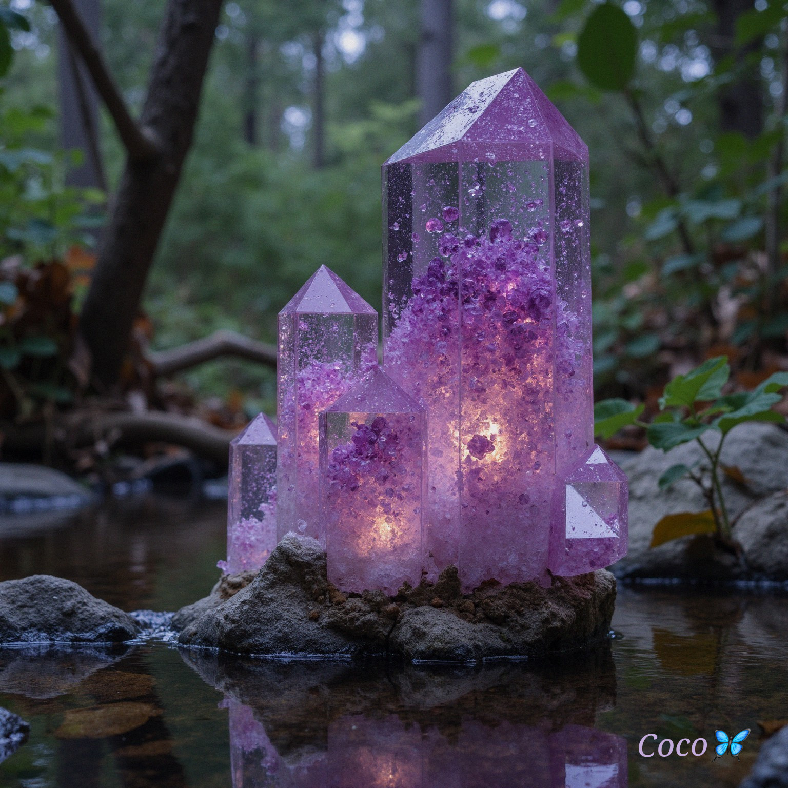 Towering Pink Crystals in a Serene Forest Setting