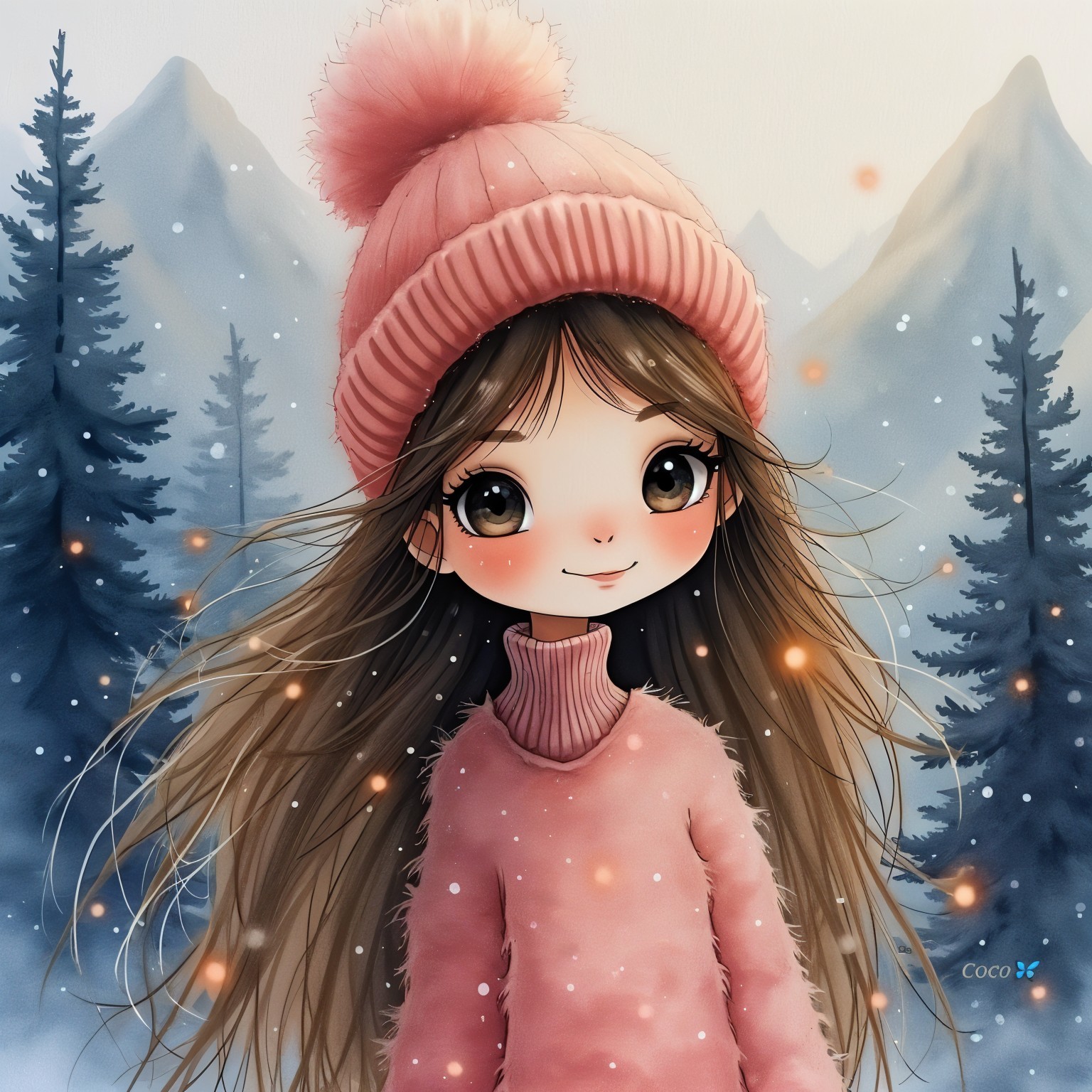 Cute anime girl in winter wonderland with fairy lights