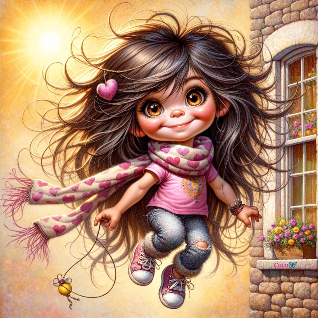 Cheerful animated girl jumping in a sunny setting