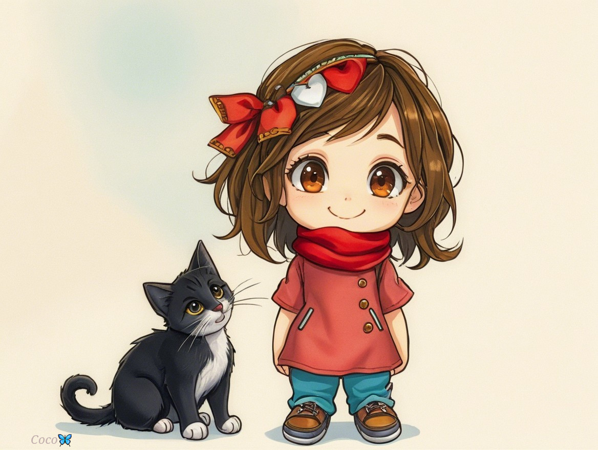 Animated girl with cat in heartwarming scene