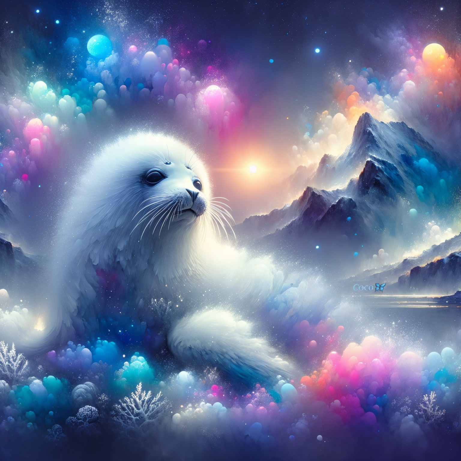 Surreal Landscape with Seal and Colorful Clouds