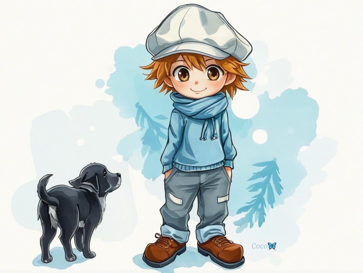 Cheerful boy in blue sweater with playful black dog