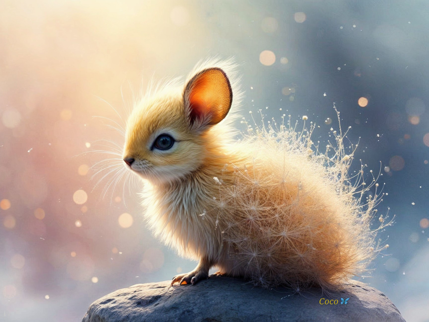 Fluffy Creature with Golden Fur on a Smooth Stone