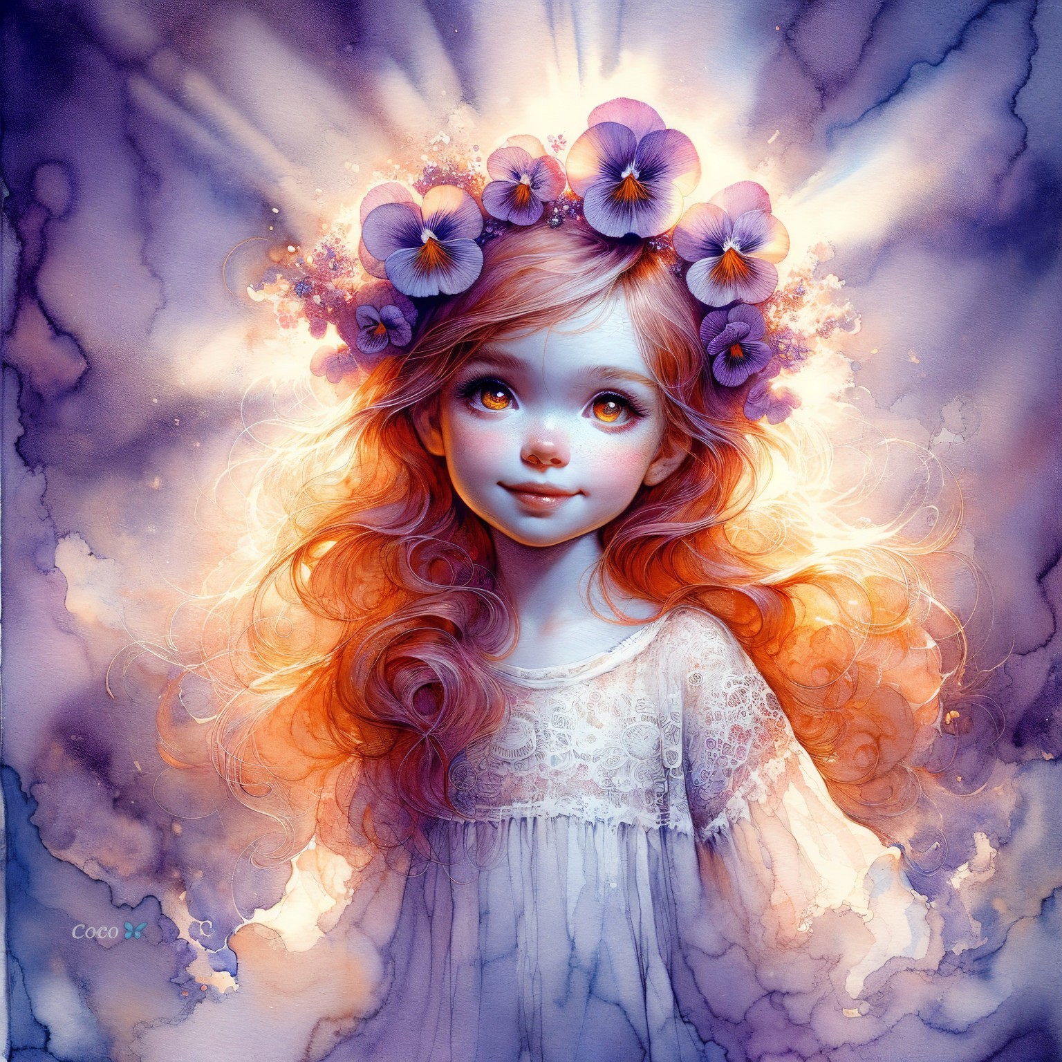 Watercolor Portrait of a Young Girl in Floral Crown