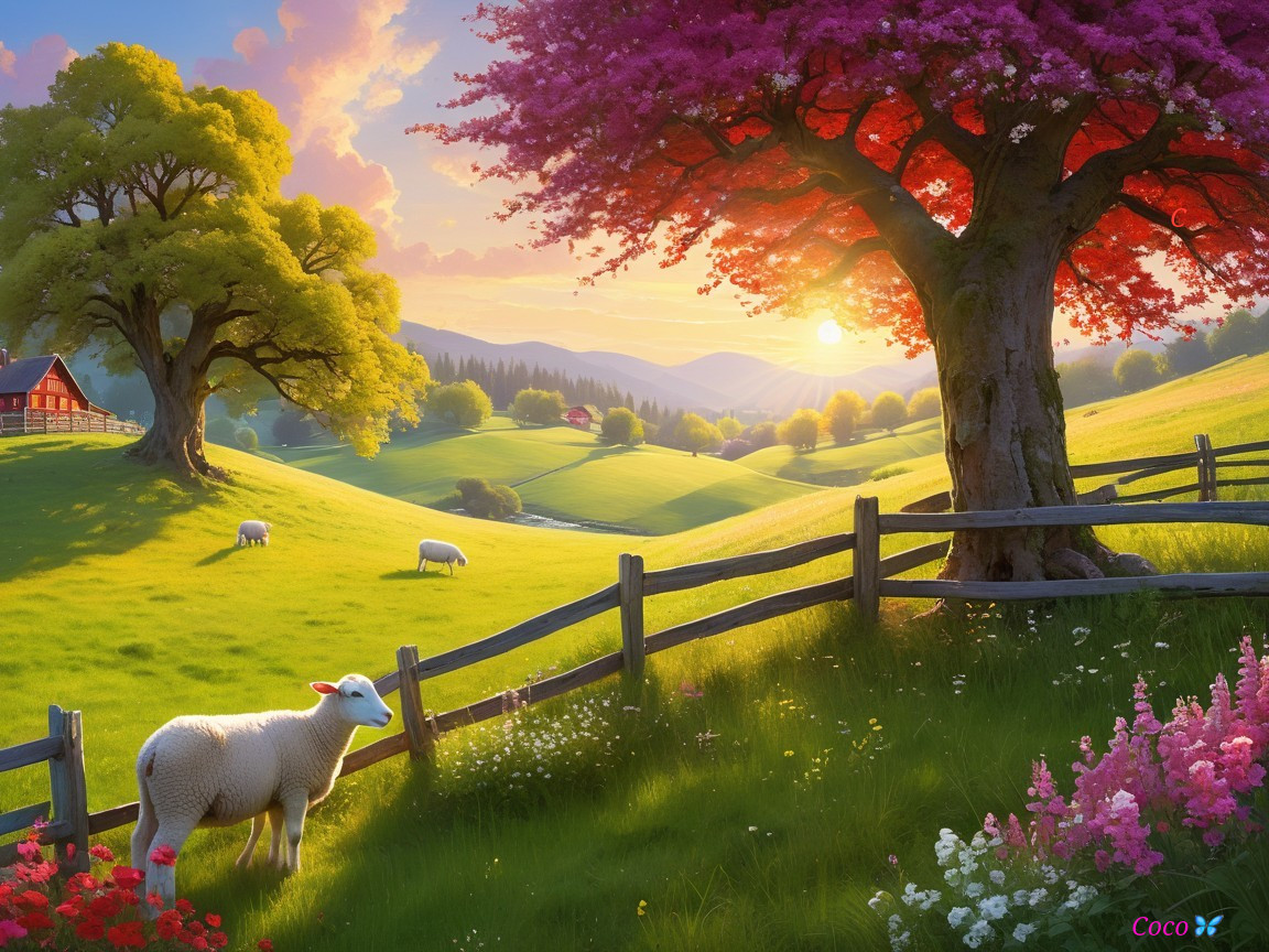 Picturesque Sunset Landscape with Green Hills and Barn