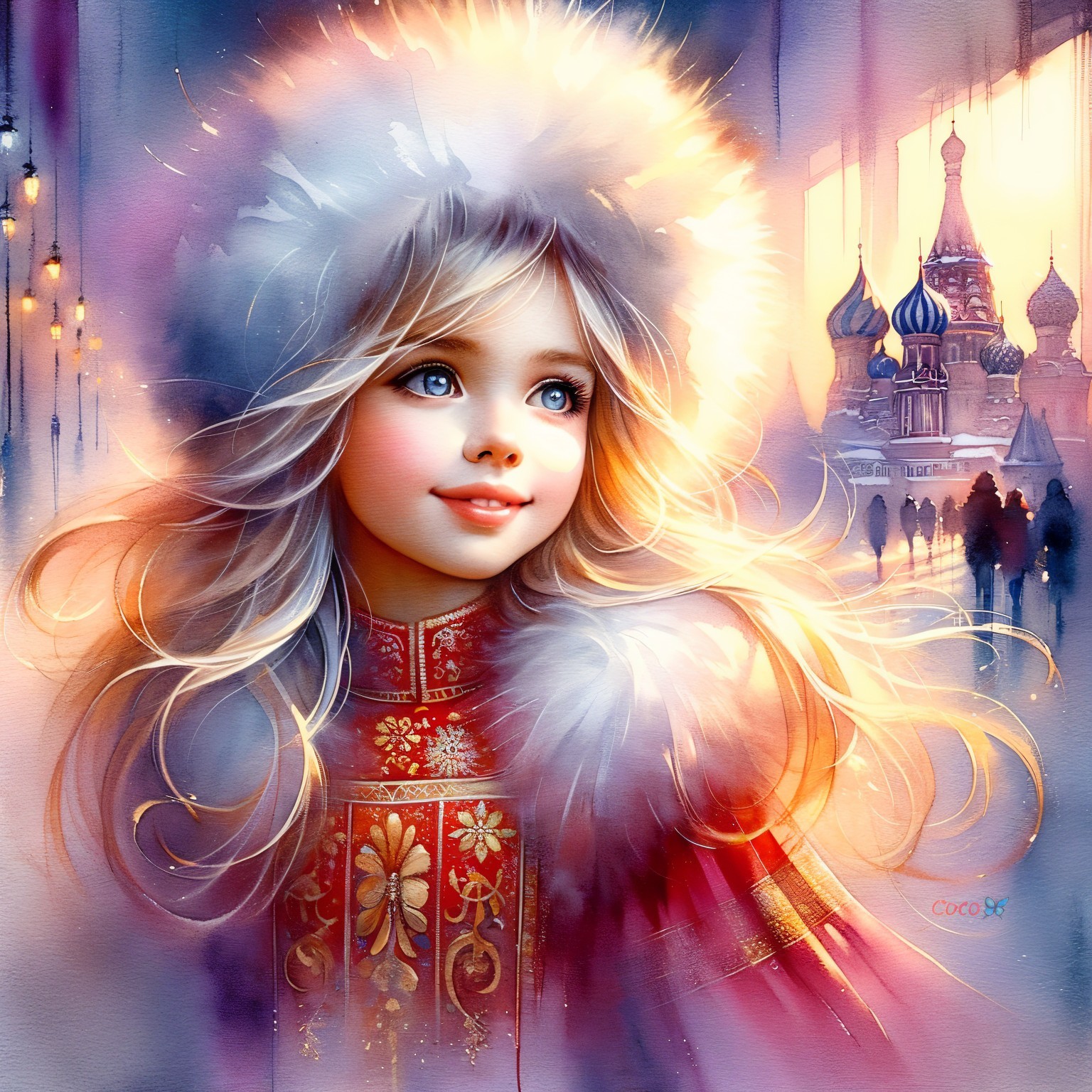 Young girl in winter coat amidst festive scene