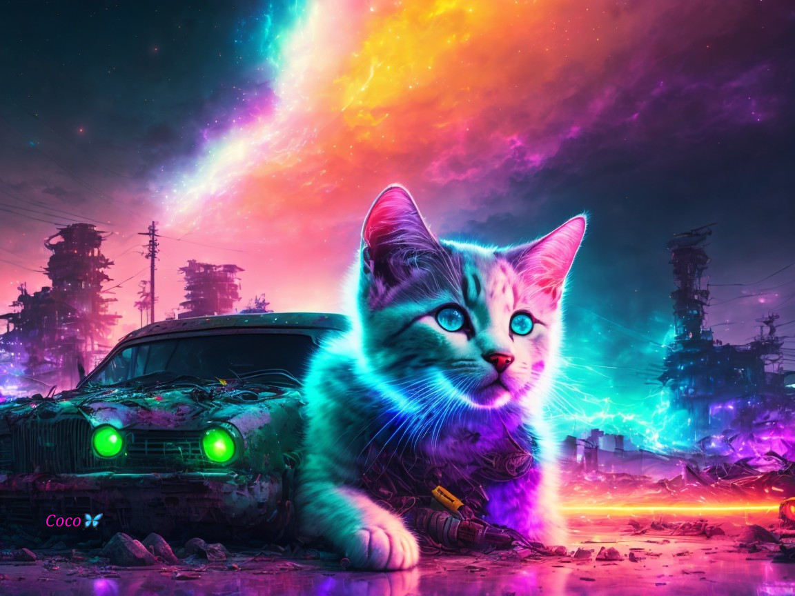 Neon Landscape with Cat and Vintage Car in Ruins