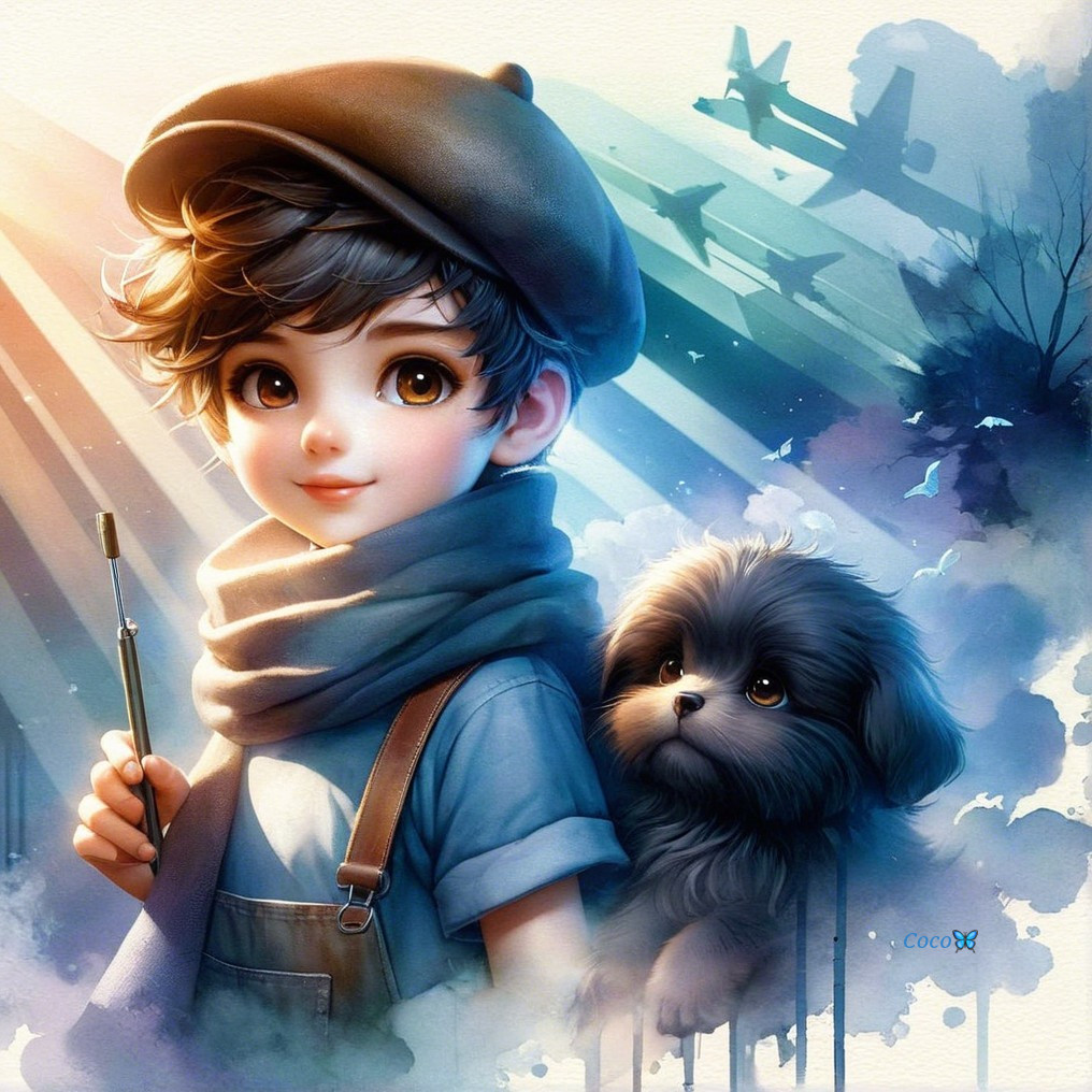 Young artist with dog in whimsical blue setting