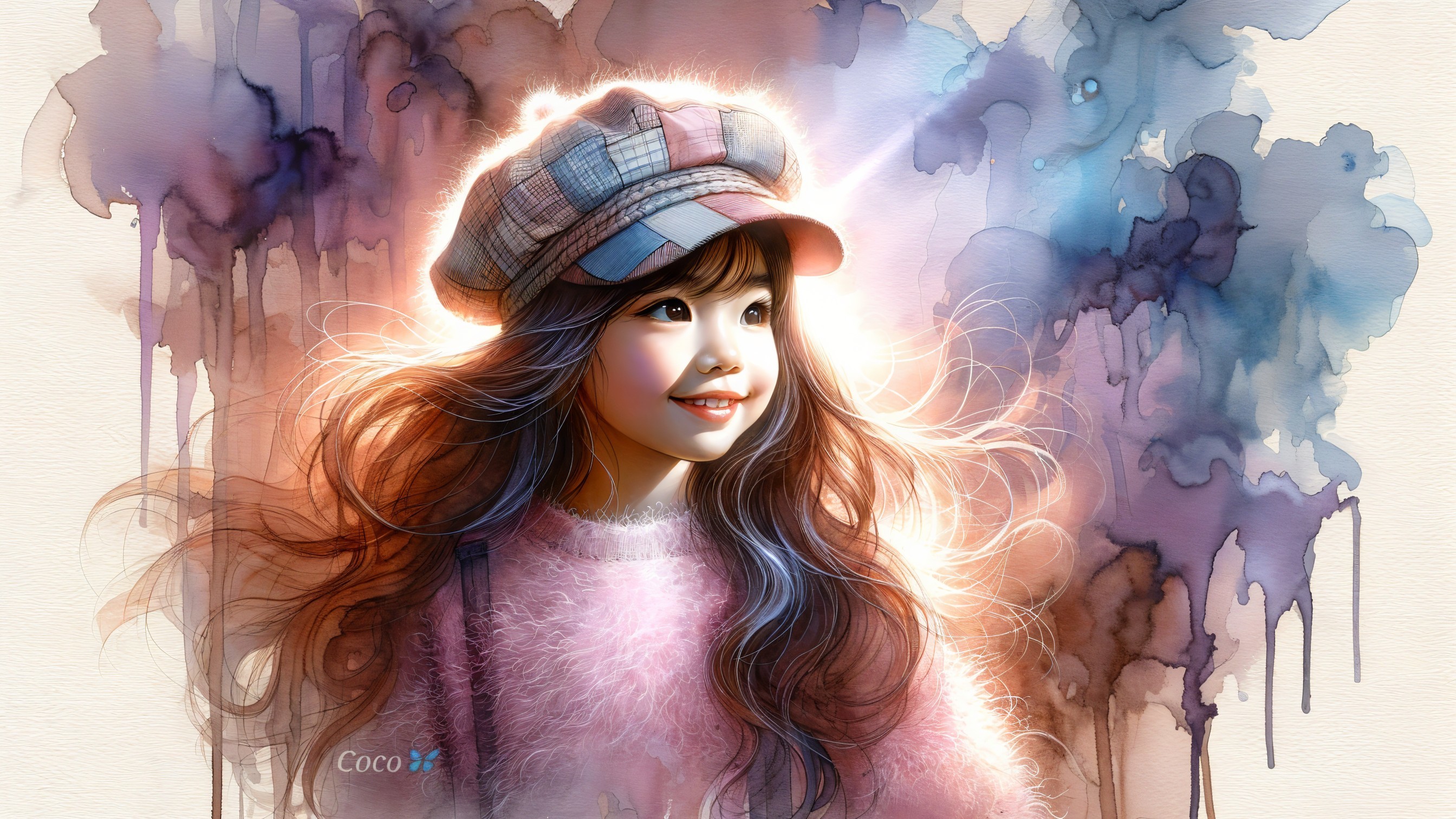 Cheerful girl in pastel cap and cozy pink sweater