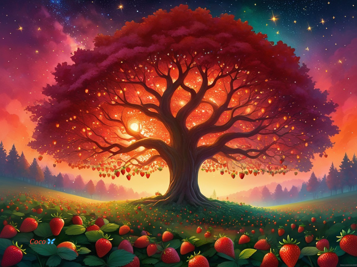 Majestic tree with red foliage in a starry landscape
