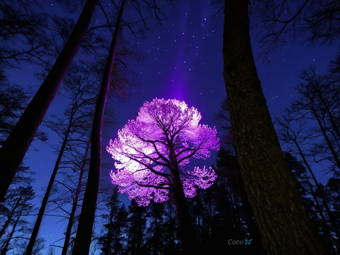 Illuminated Tree Against Dark Blue Night Sky