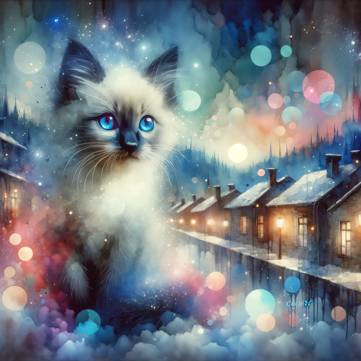 Fluffy Cat in Dreamy Colorful Winter Landscape