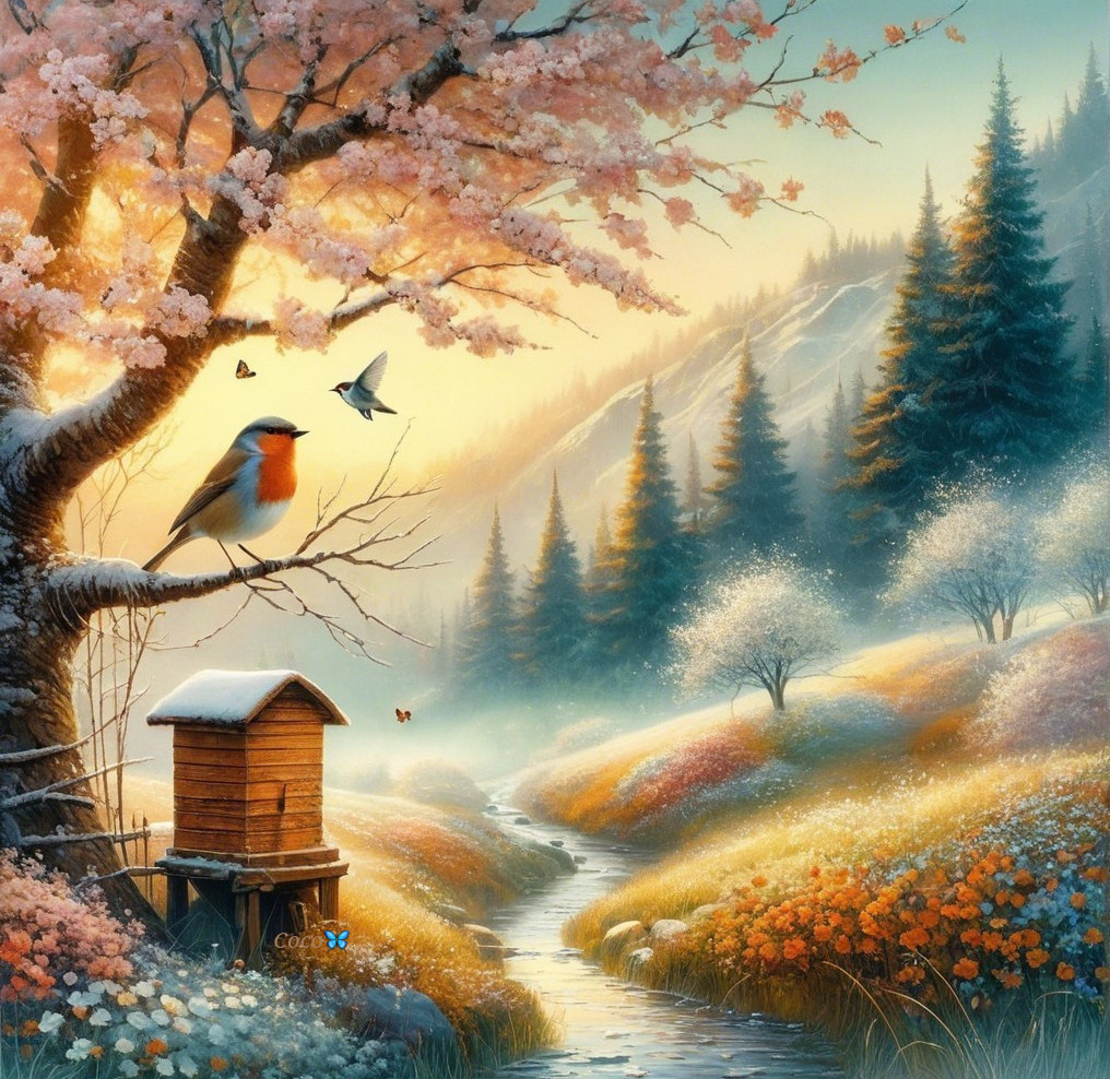 Serene Landscape with Bird and Blossoming Tree