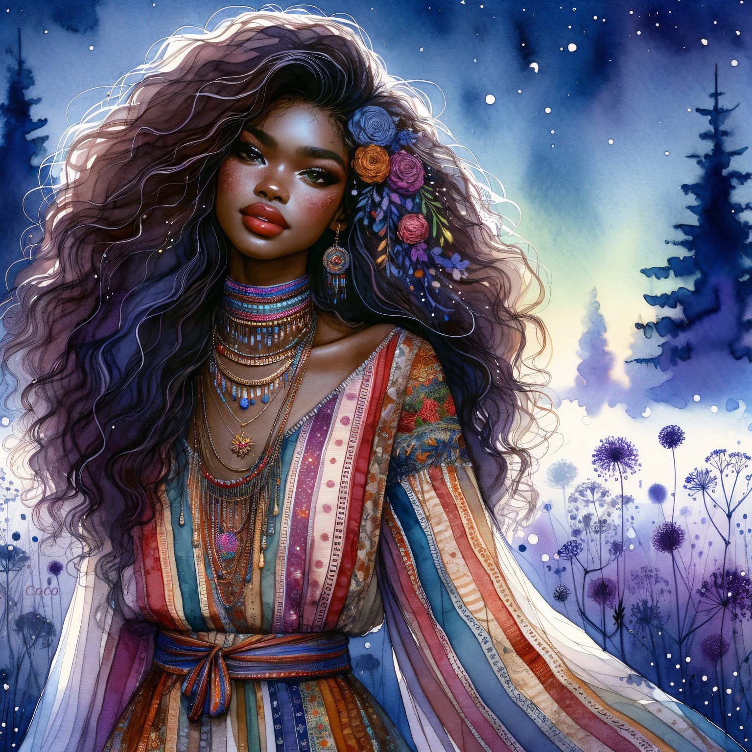 Illustration of a woman with curly hair and flowers