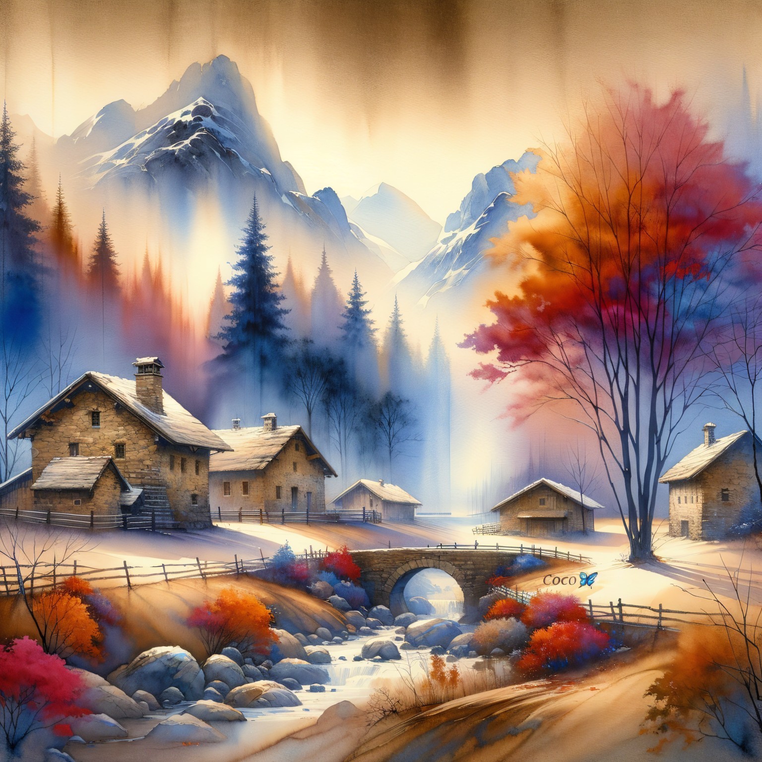 Winter Landscape with Cottages and Autumn Trees