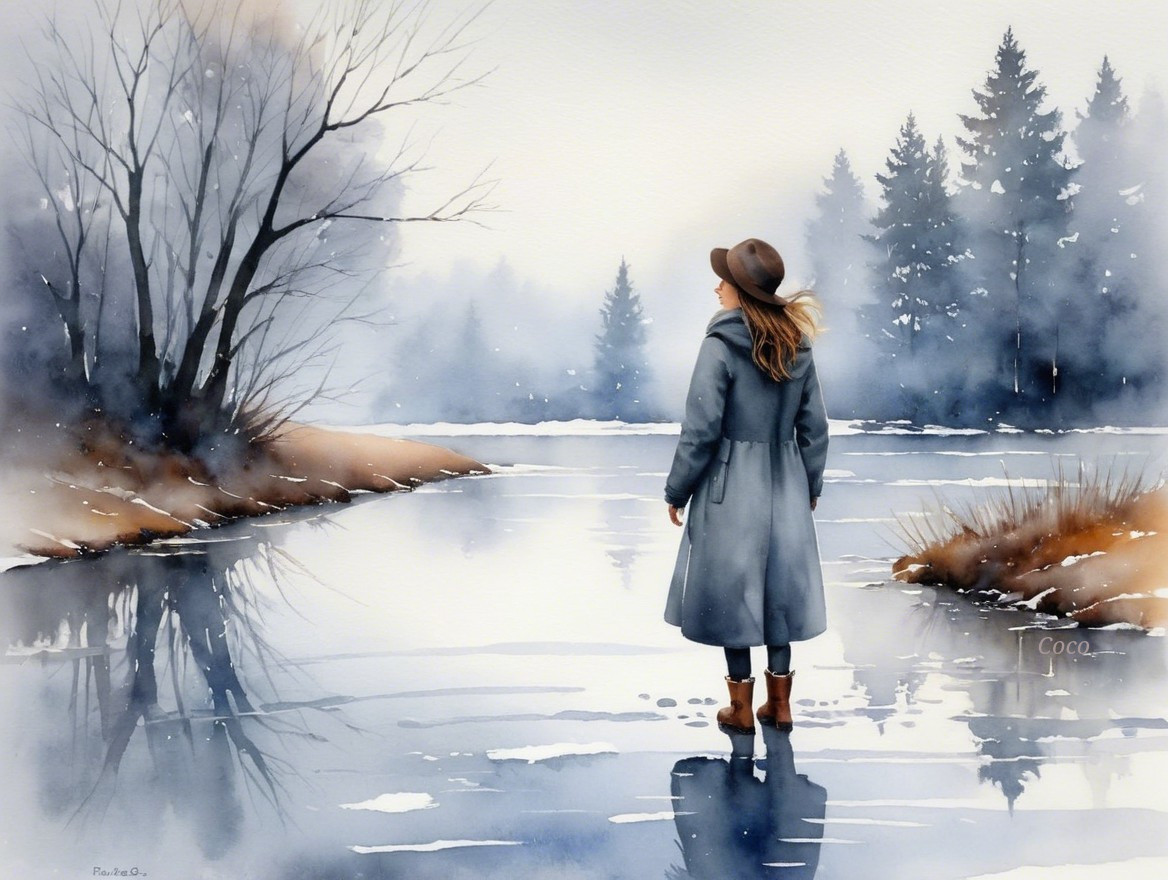 Winter Scene with Woman by Frozen Lake and Trees