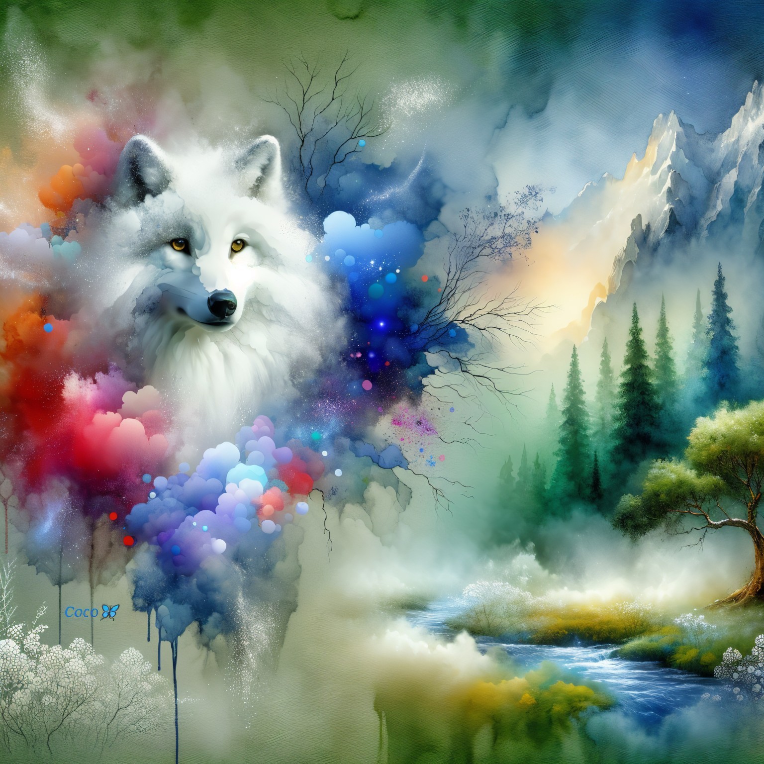 Majestic white wolf in a colorful natural landscape