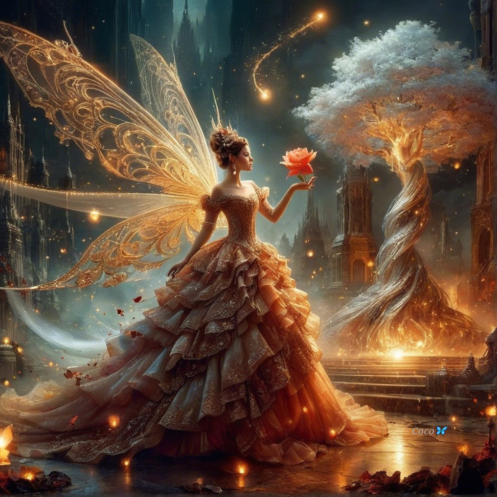 Majestic fairy in golden gown with shimmering wings