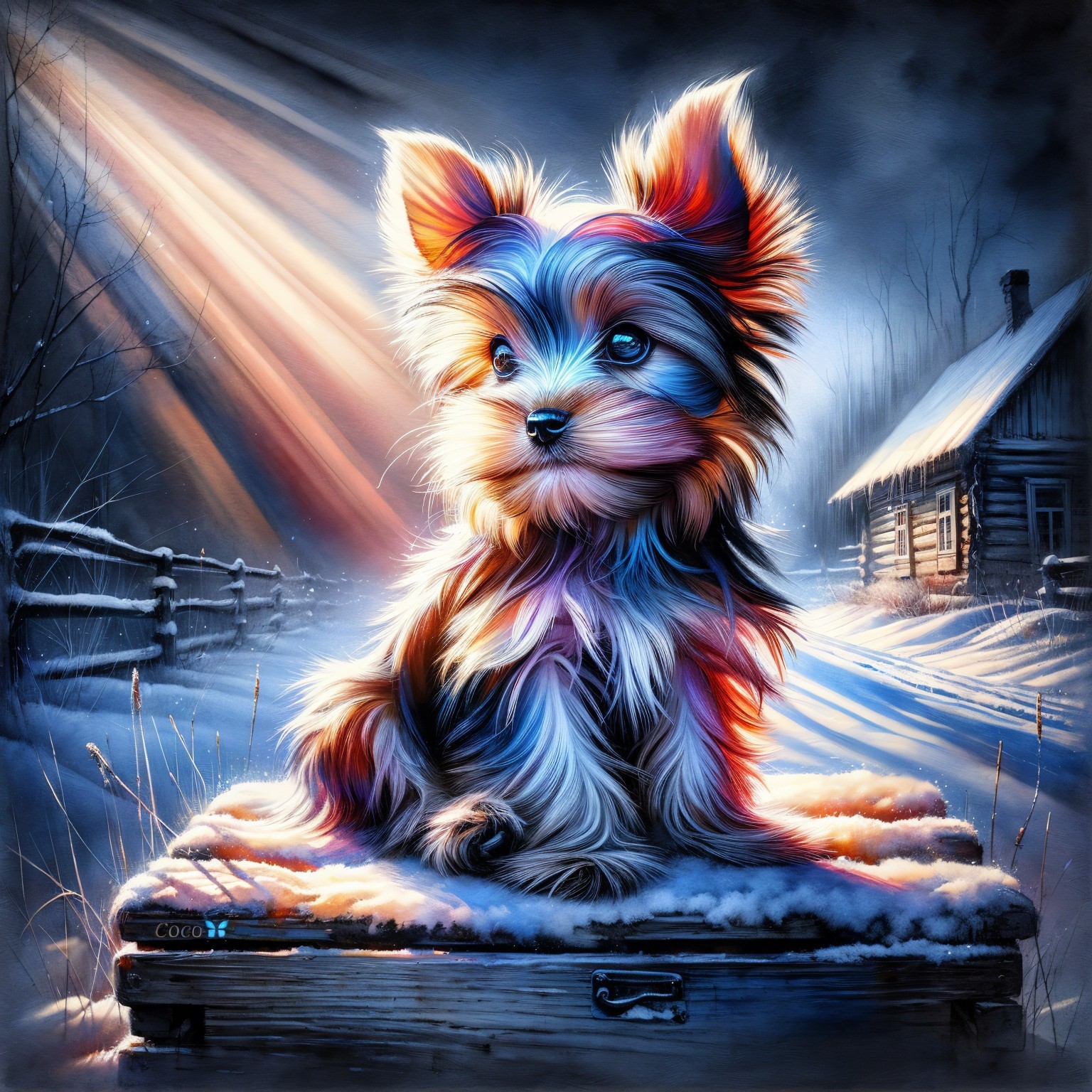 Yorkie Puppy on Vintage Suitcase in Winter Scene