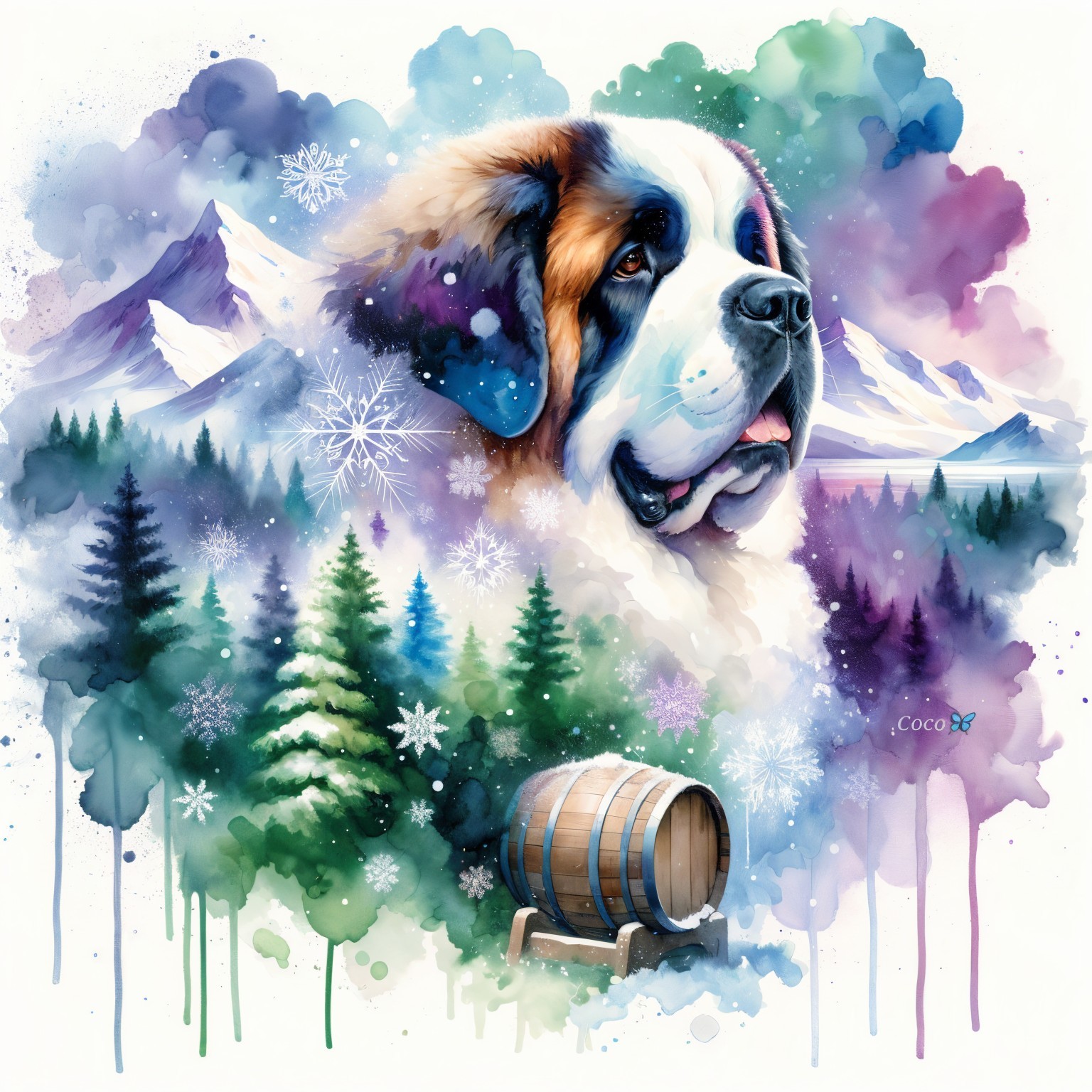 Watercolor Painting of a Saint Bernard in Snowy Landscape
