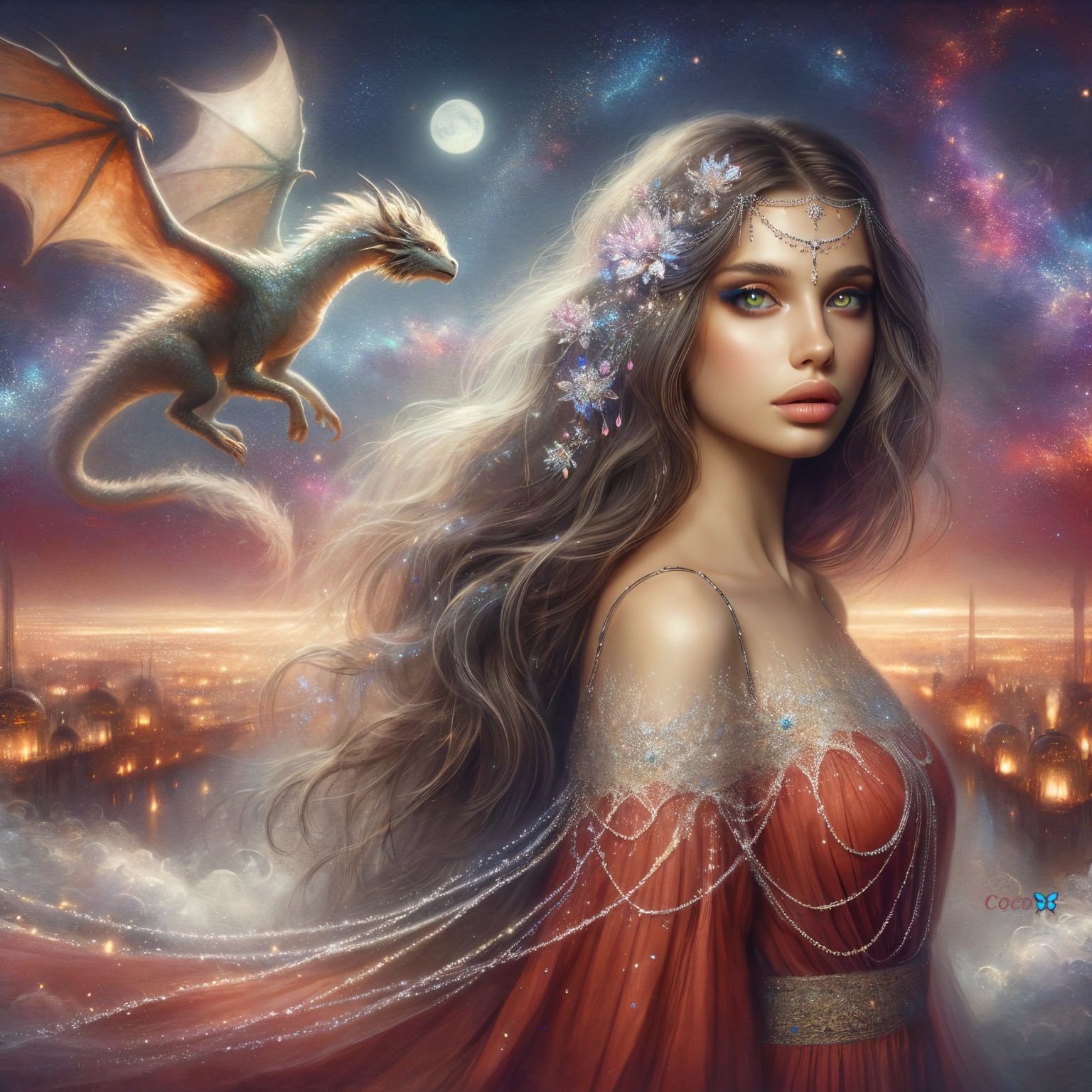 Mystical Scene of Woman, Dragon, and Starry Cityscape