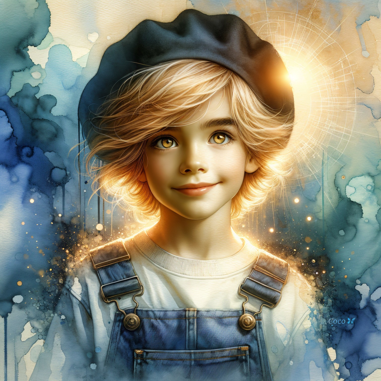 Young boy in blue beret and denim overalls with glow