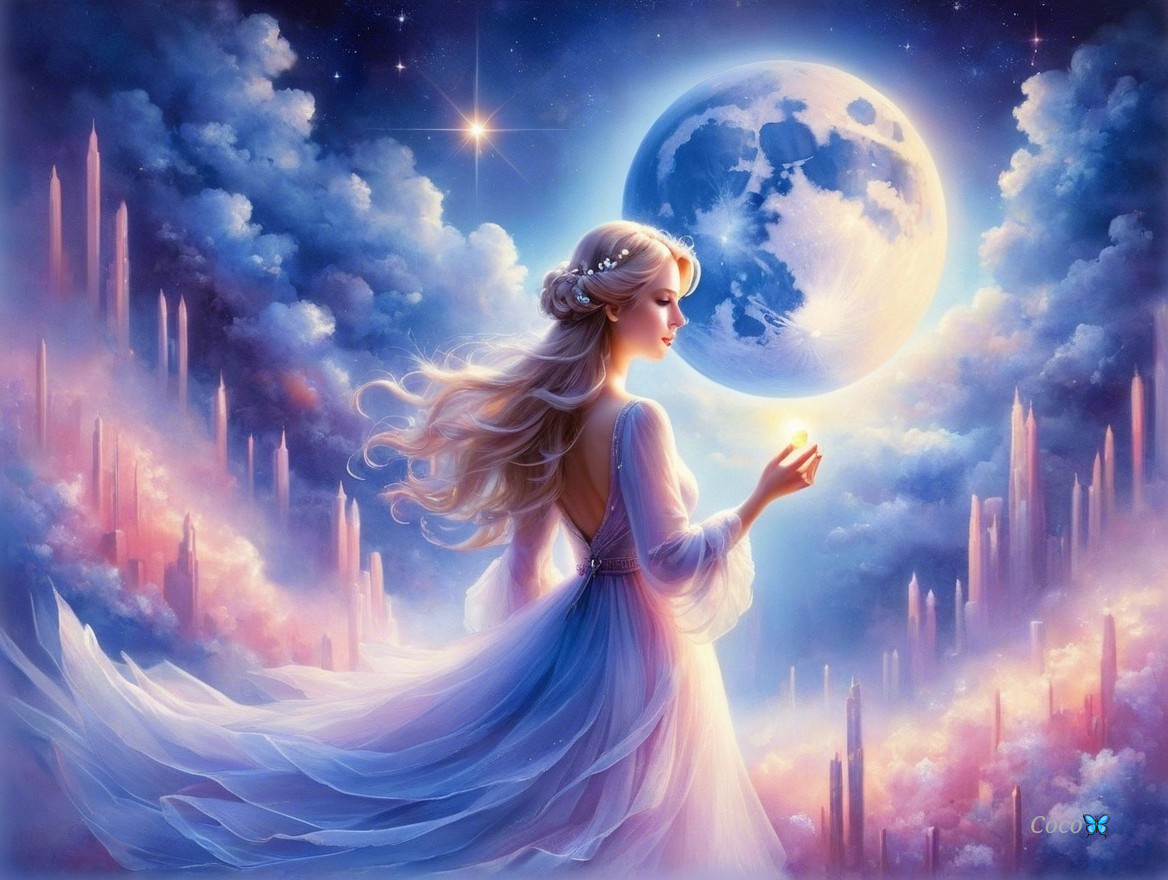 Mystical Woman Under Glowing Moon and Stars
