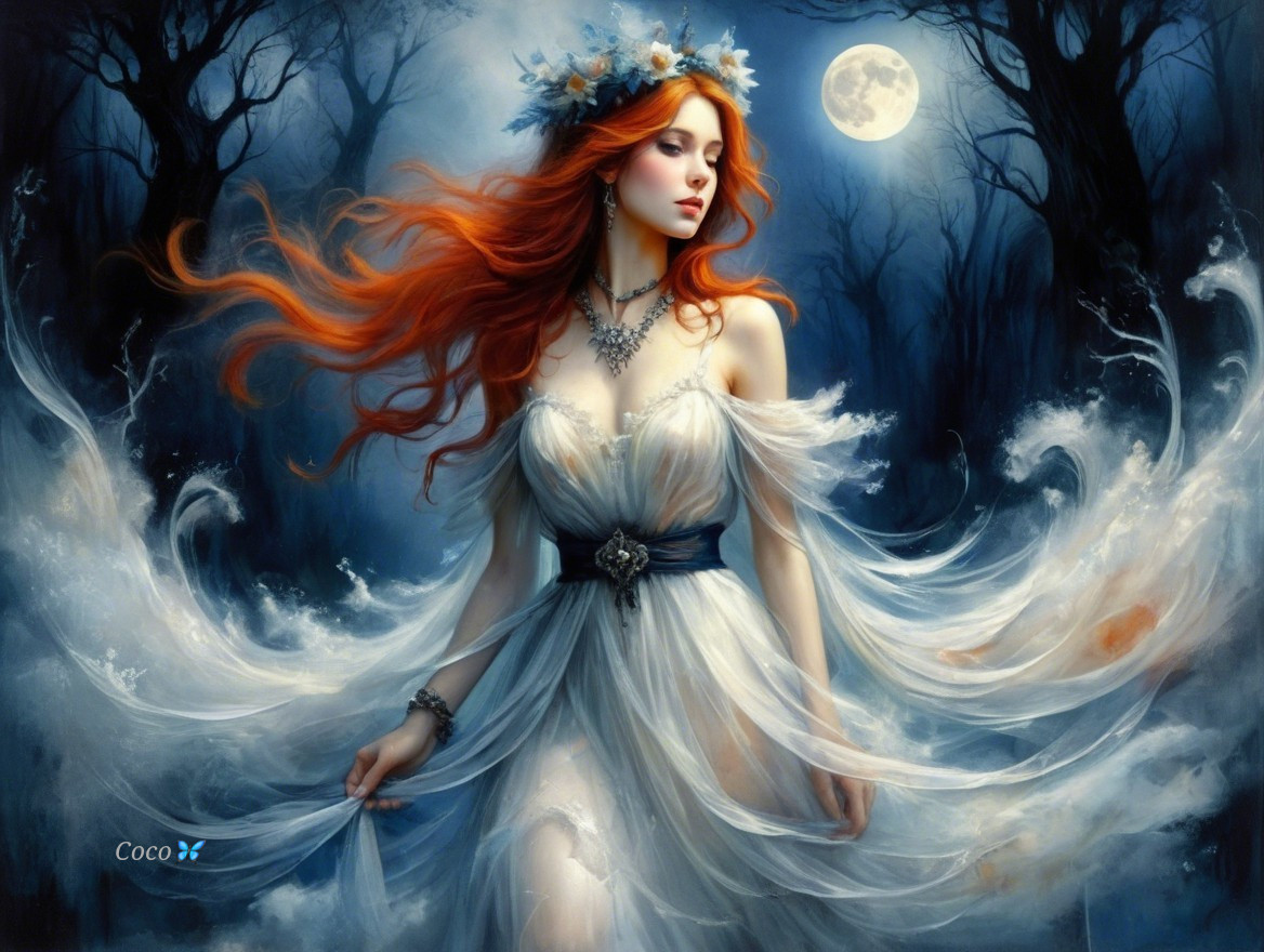 Ethereal Figure in Misty Forest Under Full Moon