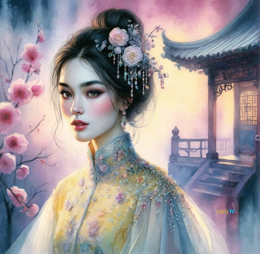 Traditional Attire with Cherry Blossoms and Pagoda
