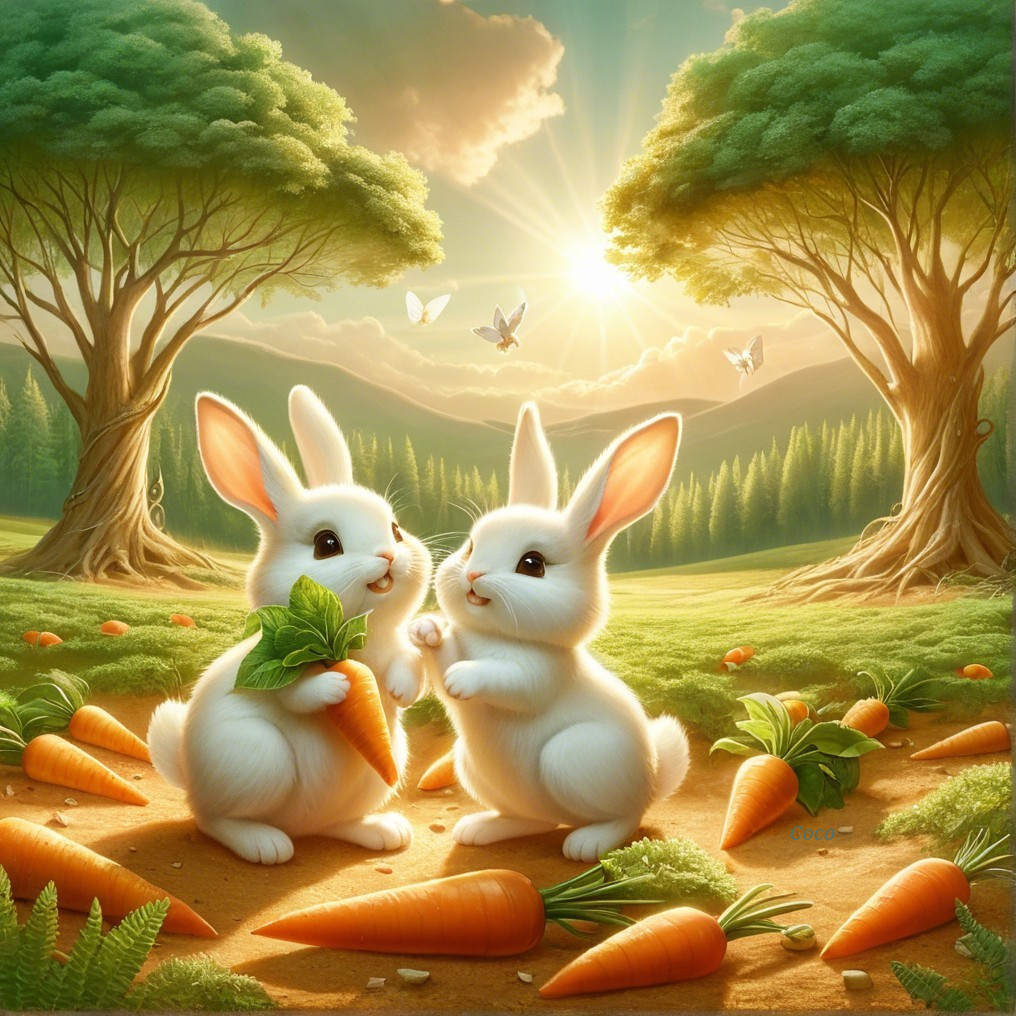 White Rabbits in a Sunlit Meadow with Carrots and Butterflies