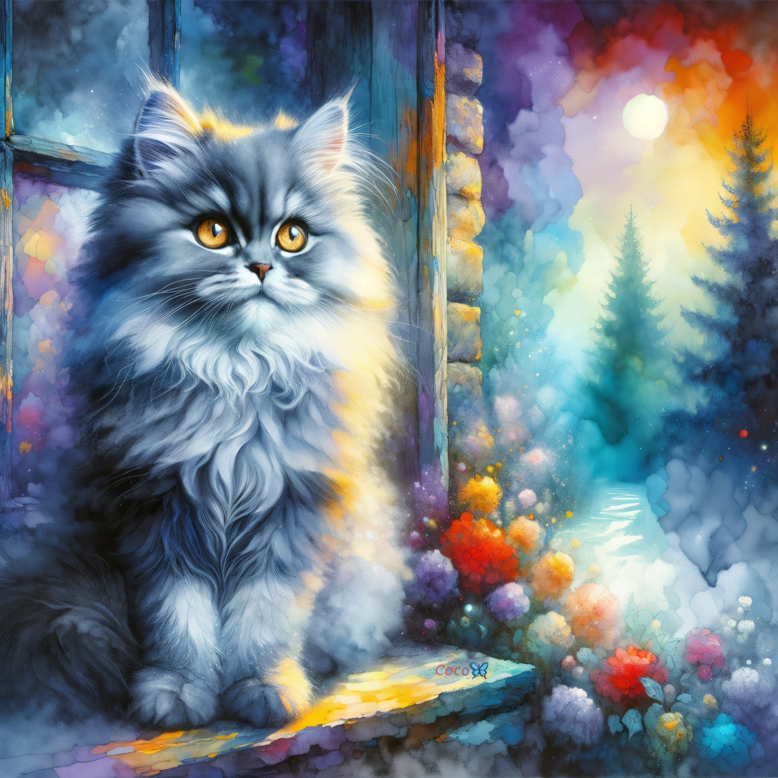Gray Cat on Windowsill with Dreamlike Landscape