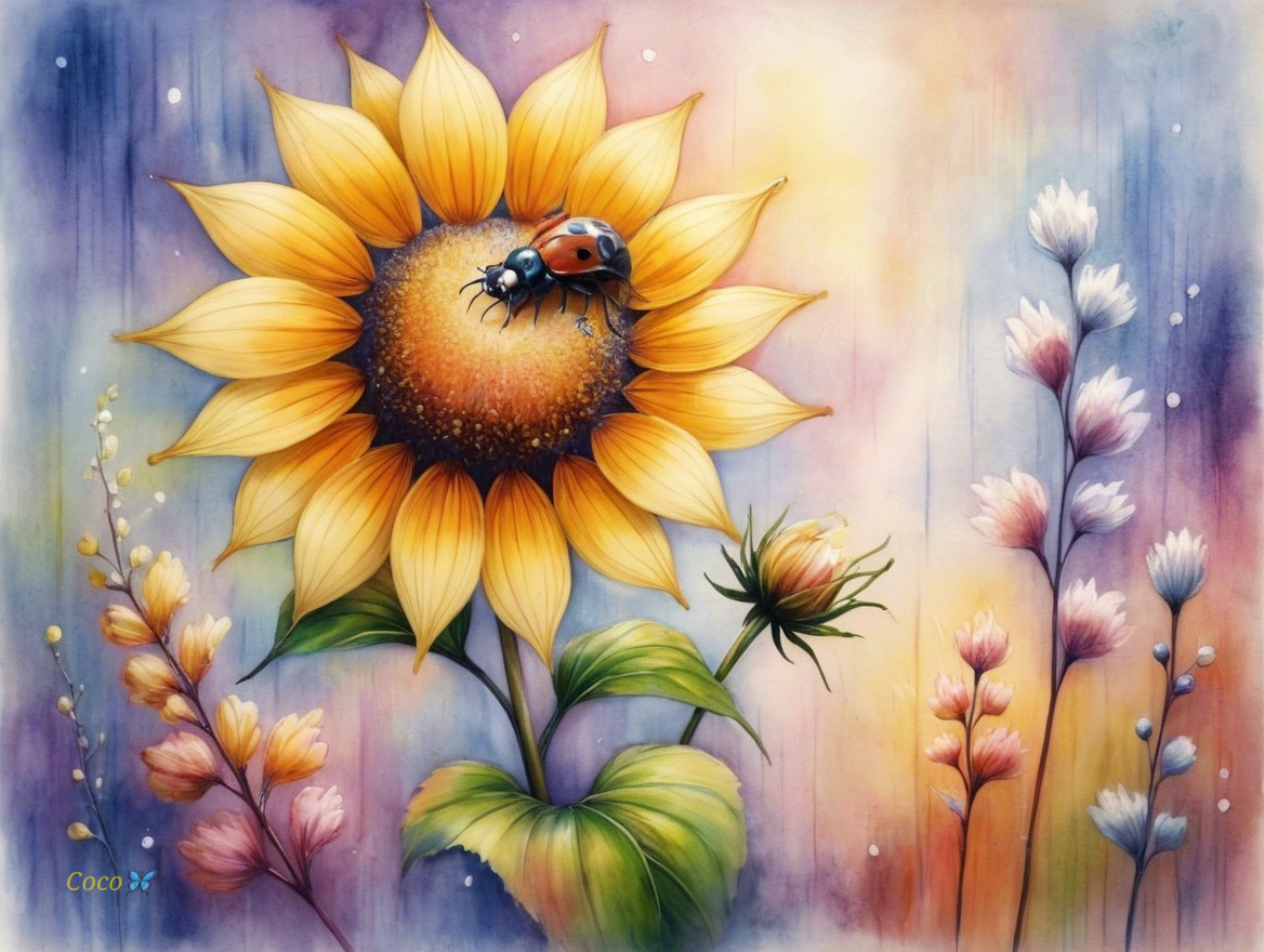 Vibrant Sunflower with Ladybug and Wildflowers