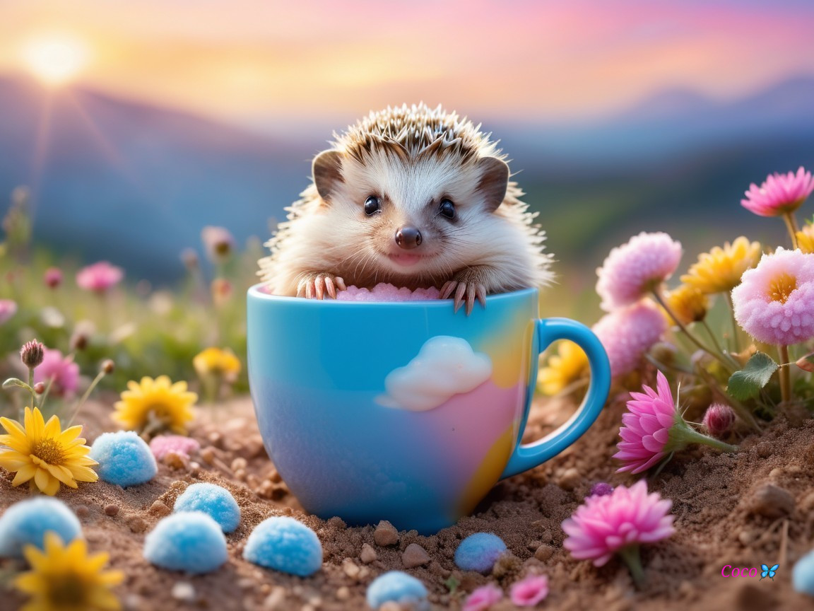 Hedgehog in Pastel Cup Surrounded by Colorful Flowers