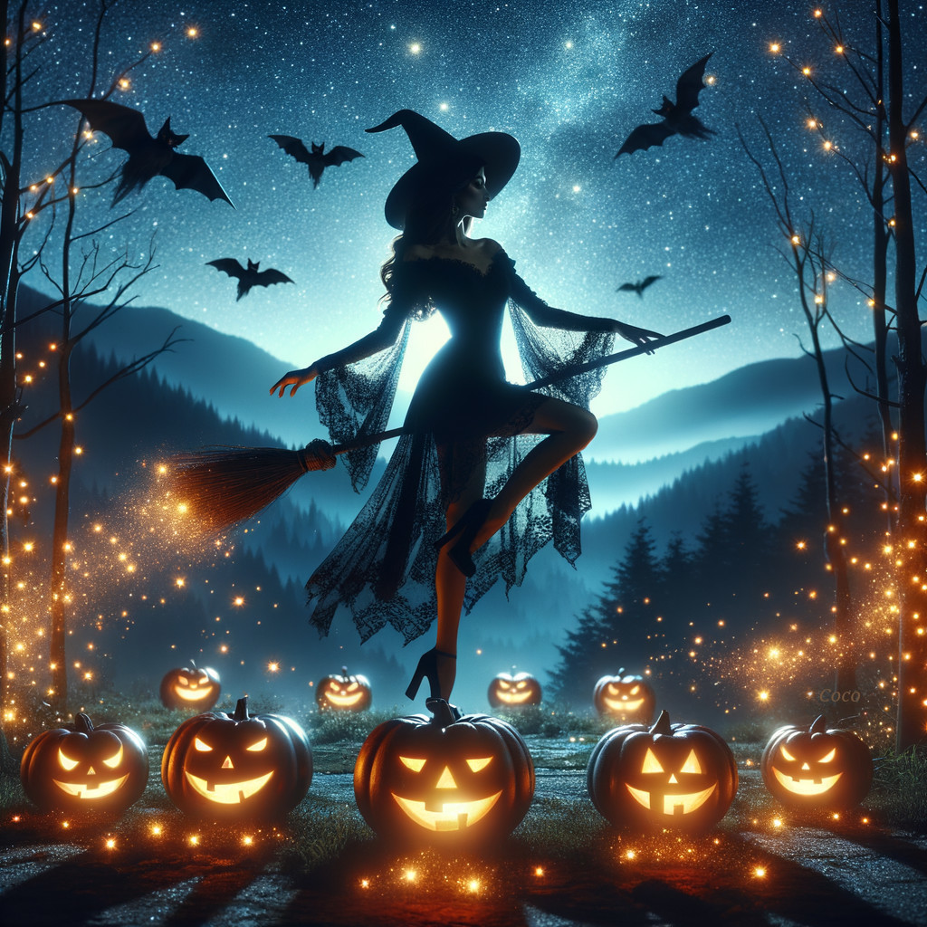 Mystical Witch on Pumpkin with Halloween Elements