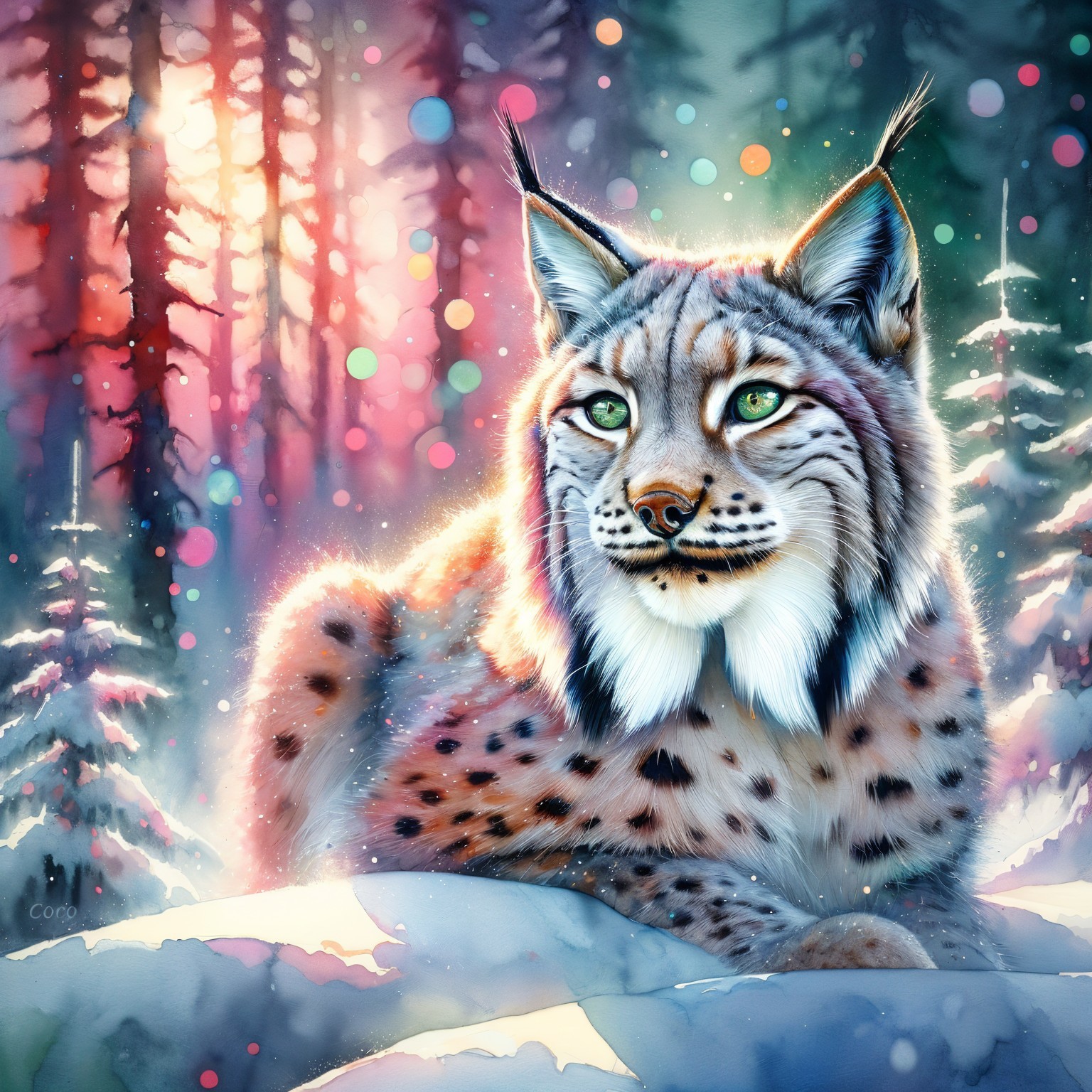 Lynx in Snowy Forest with Colorful Lights and Trees