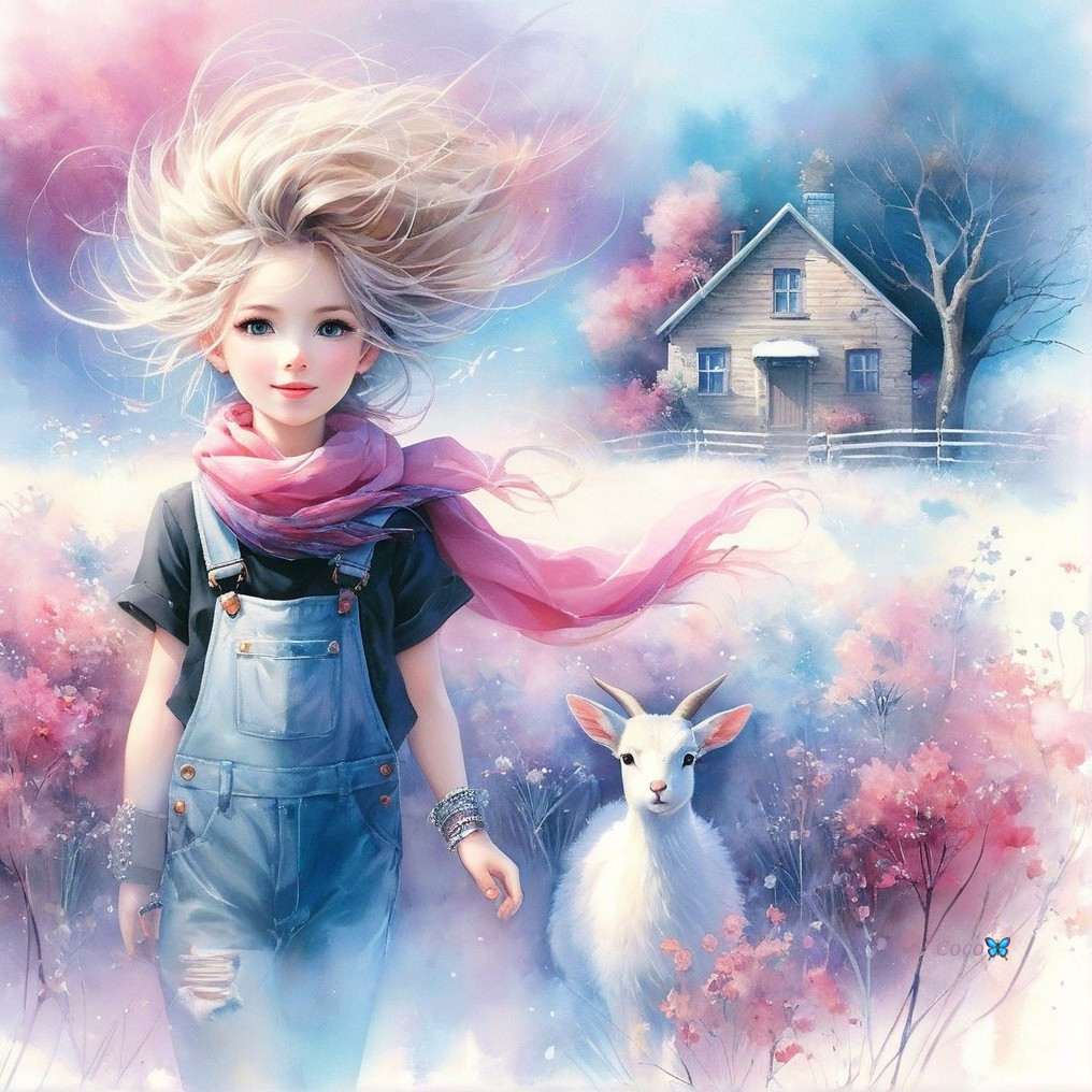 Young Girl in Denim Overalls in Blooming Landscape