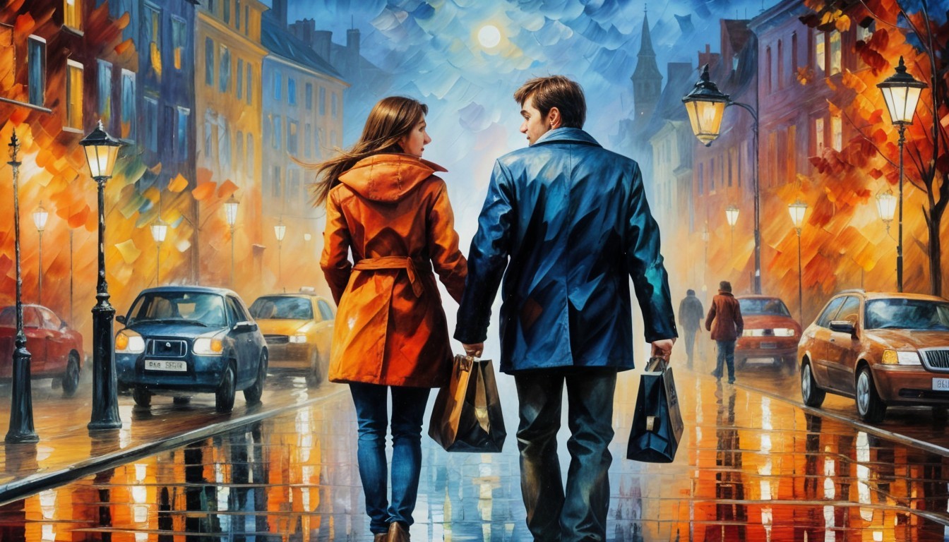 Couple Walking on Rainy Street with Colorful Coats