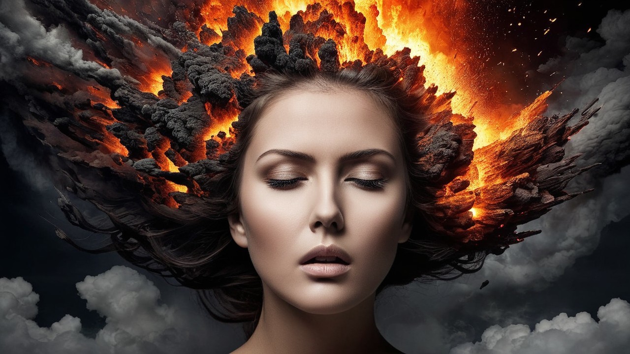 Serene Woman Amid Fiery Explosions and Smoke