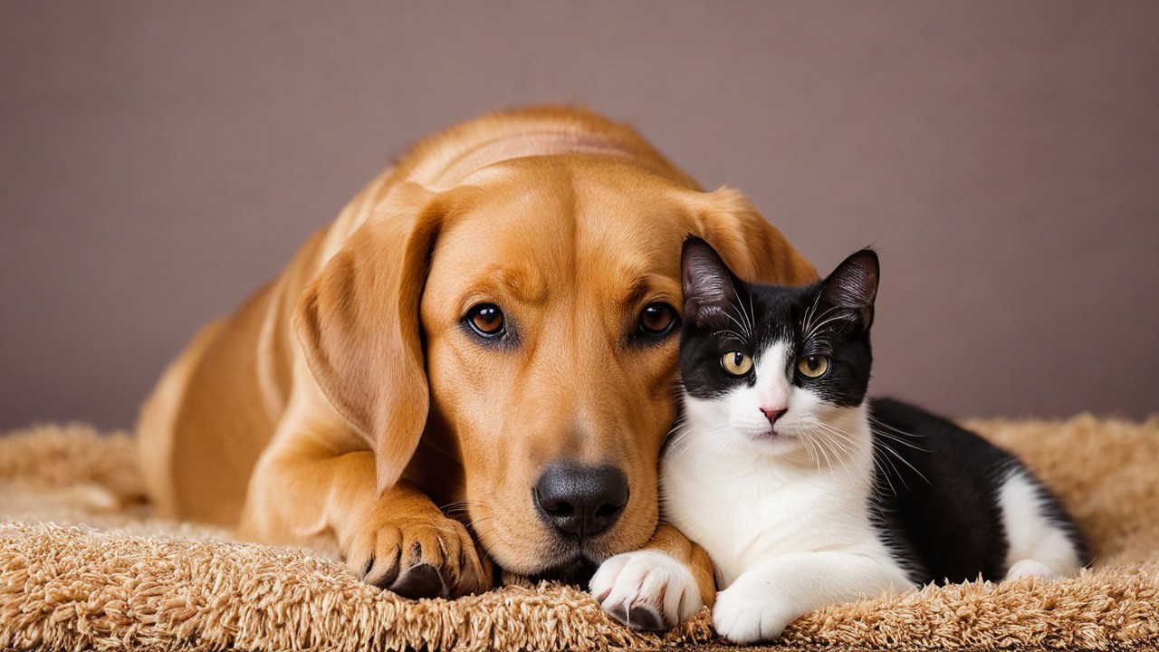 Golden Retriever and Cat Sharing a Cozy Moment