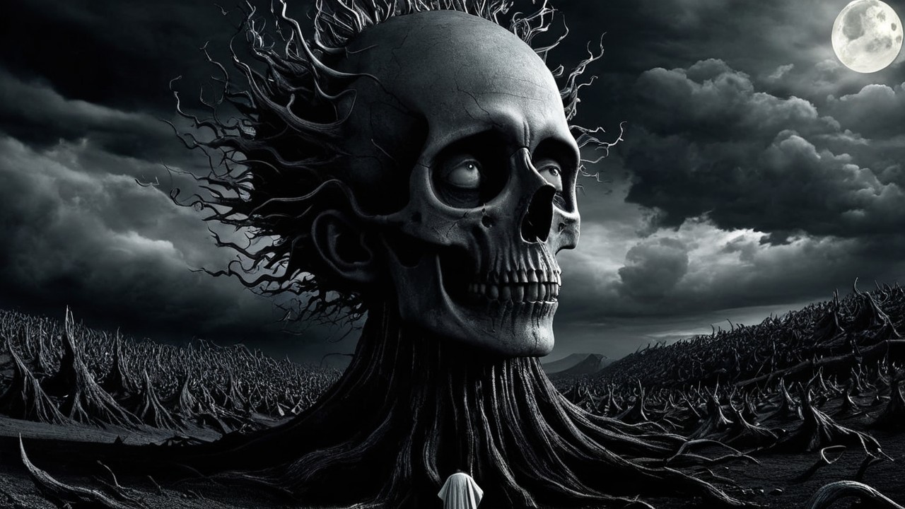 Gothic Landscape with Massive Skull and Eerie Atmosphere