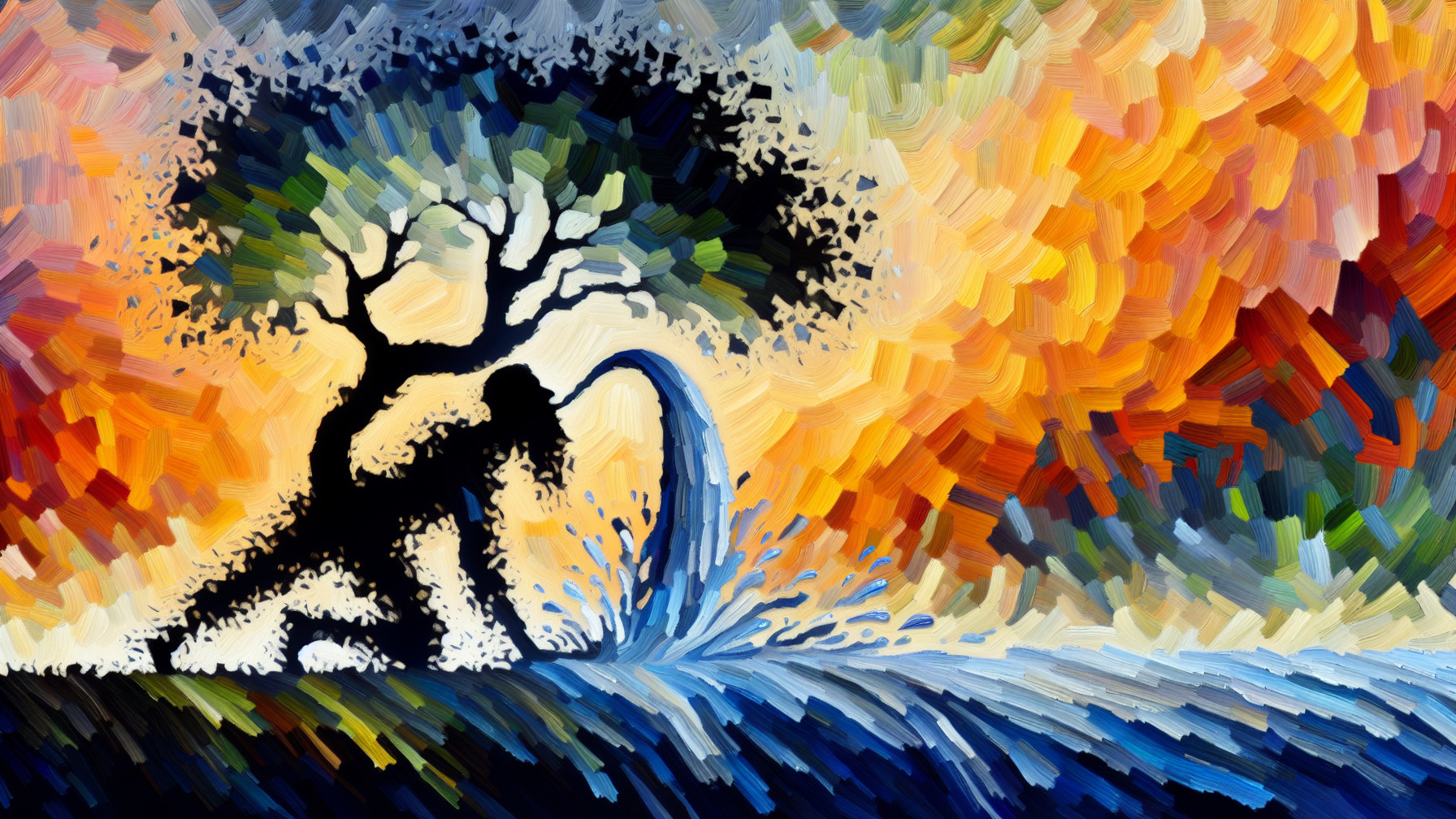 Impressionistic Landscape with Human Silhouette and Tree